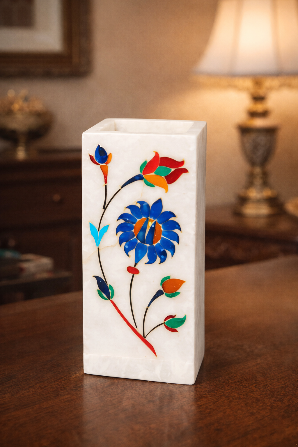 Handcrafted White Marble Multipurpose Stand with Floral Inlay – Luxury Desk & Vanity Organiser