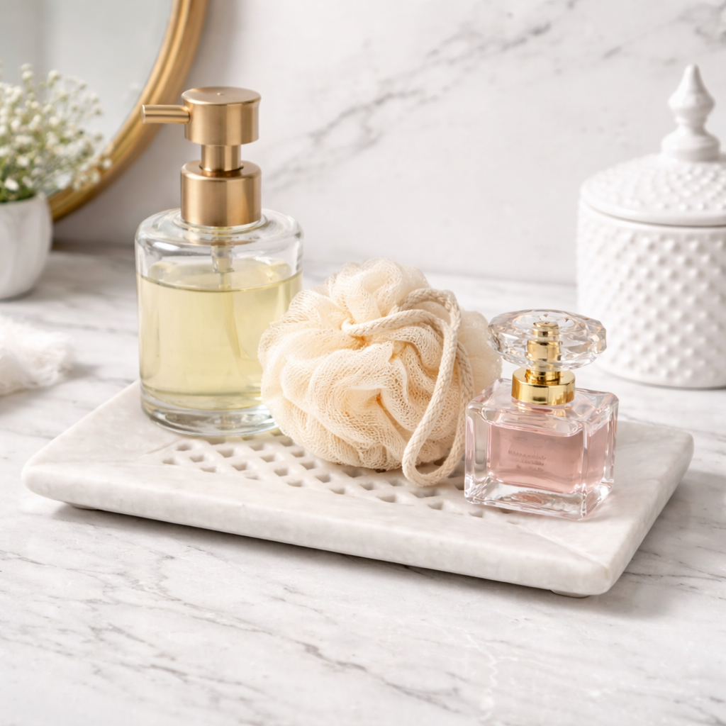 Natural marble soap tray styled with hand soap on bathroom vanity, luxury bathroom decor NZ.
