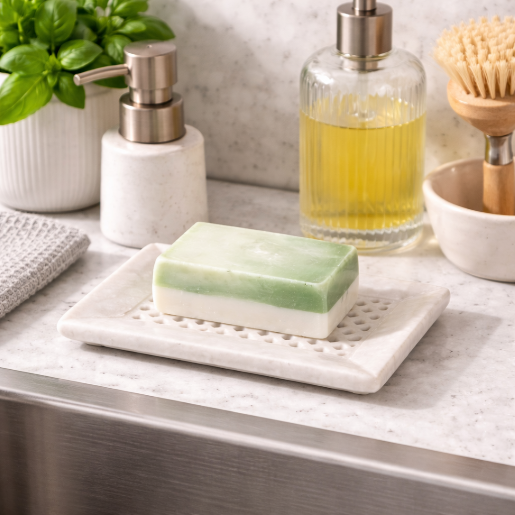 Perforated marble soap dish with bar soap elegant stone bathroom accessory NZ.