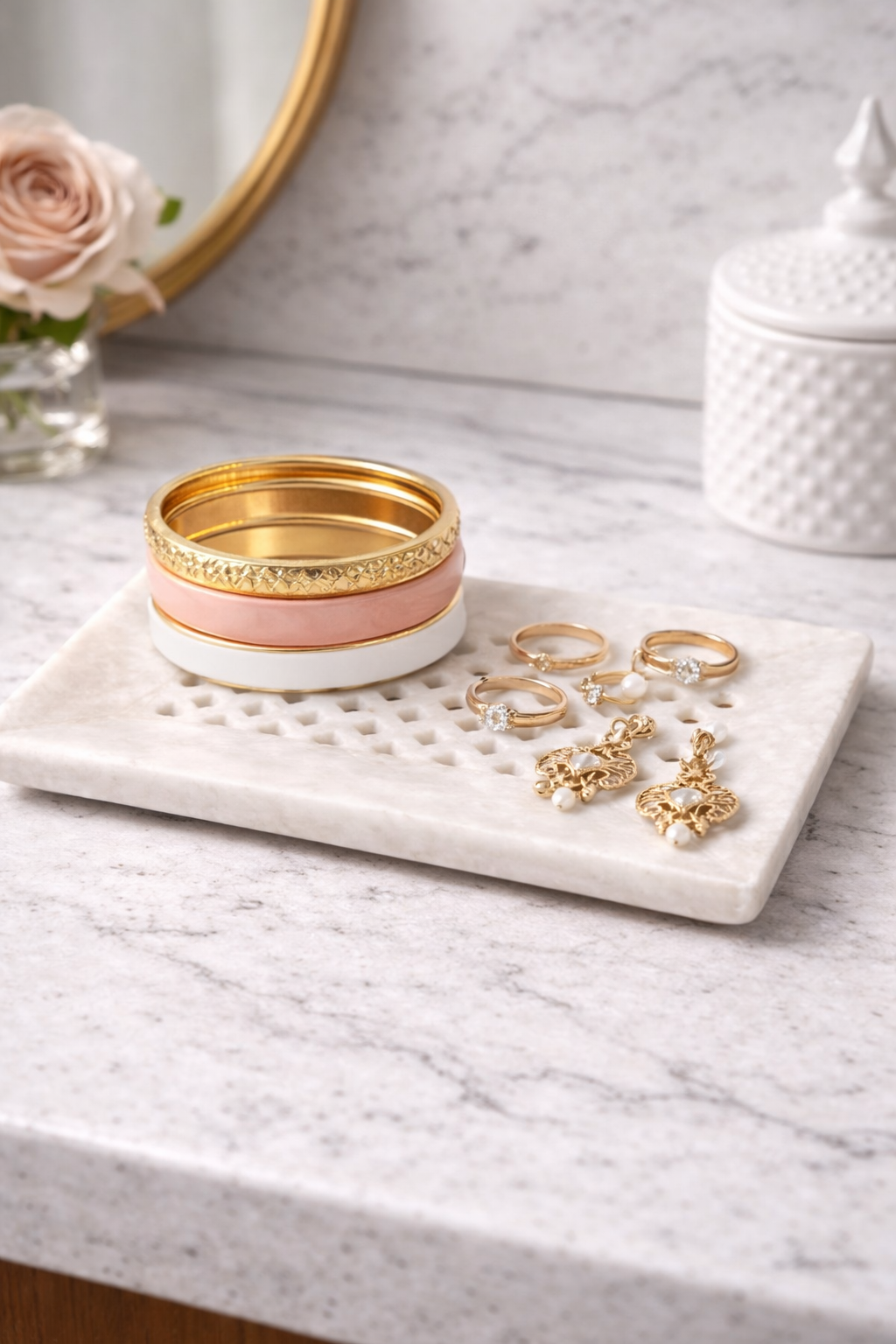 Natural marble tray styled as minimalist jewellery organiser on dressing table, premium home accessory NZ.