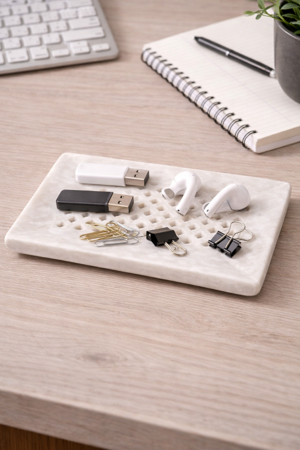 Natural marble multipurpose tray styled as office organiser with stationery and tech accessories, premium desk accessory NZ.