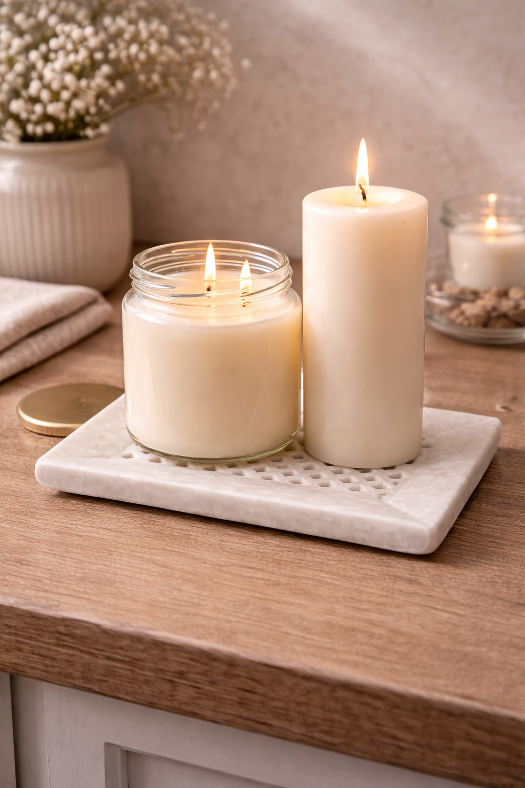 Polished marble tray used as candle base on console table, elegant stone decor centrepiece NZ.
