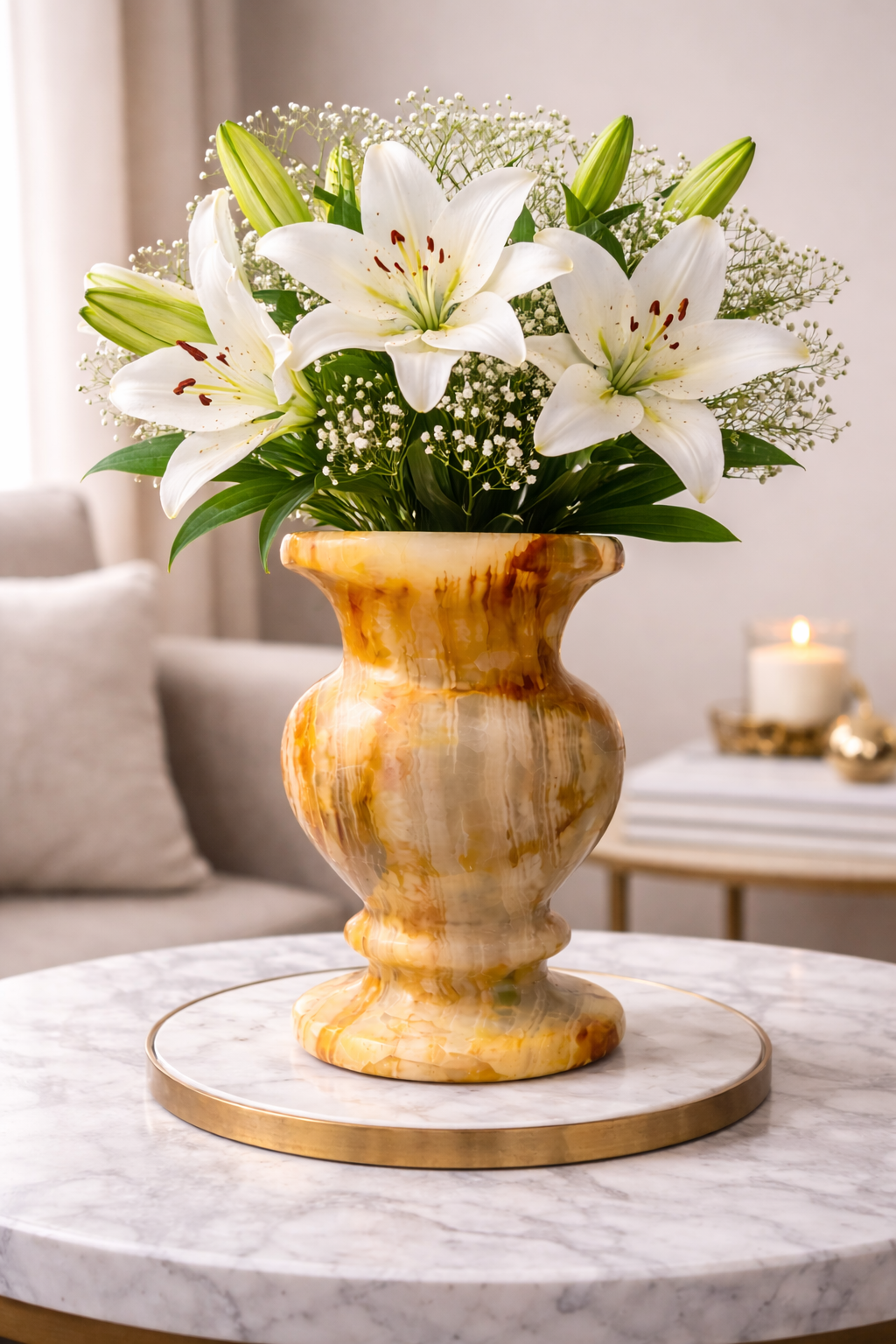 Handcrafted onyx vase placed on white table as elegant stone centrepiece, modern luxury home decor NZ.