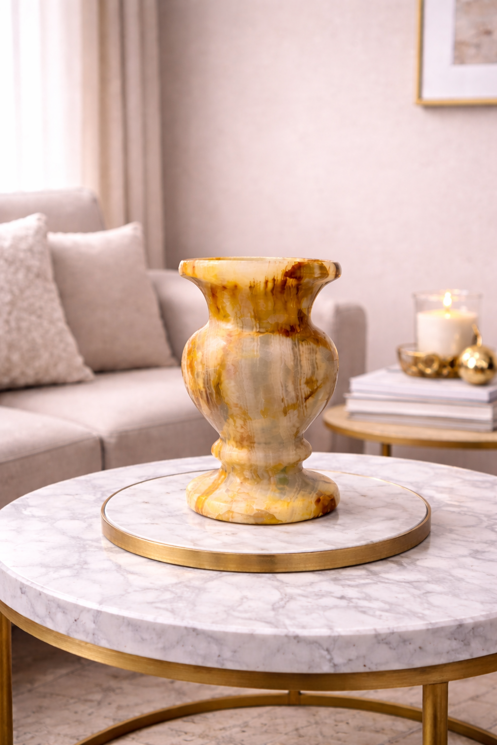 Small natural onyx vase on console table with neutral decor, modern minimalist stone accent NZ.