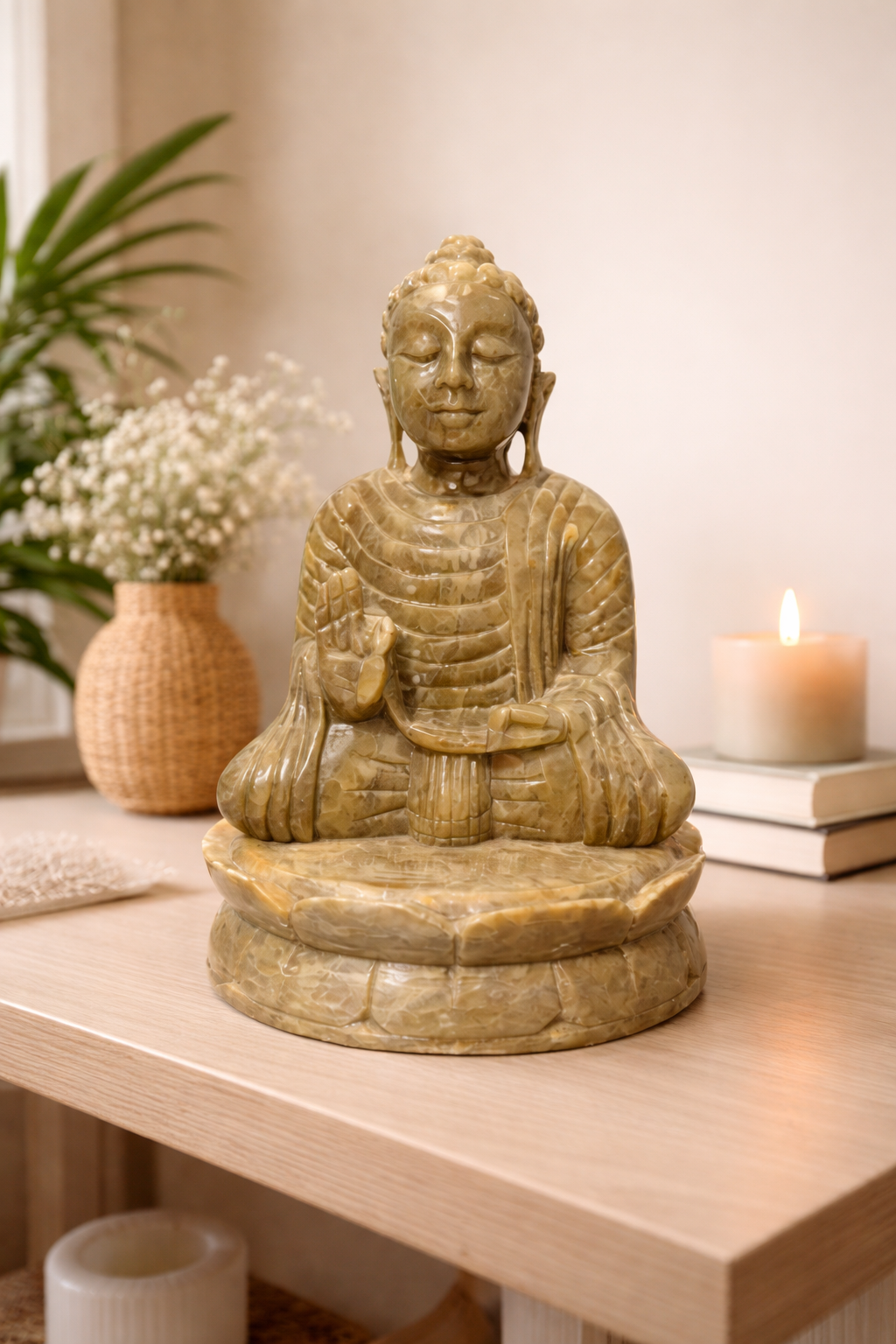 Soapstone Buddha statue styled in a meditation space, natural stone spiritual décor for NZ homes
