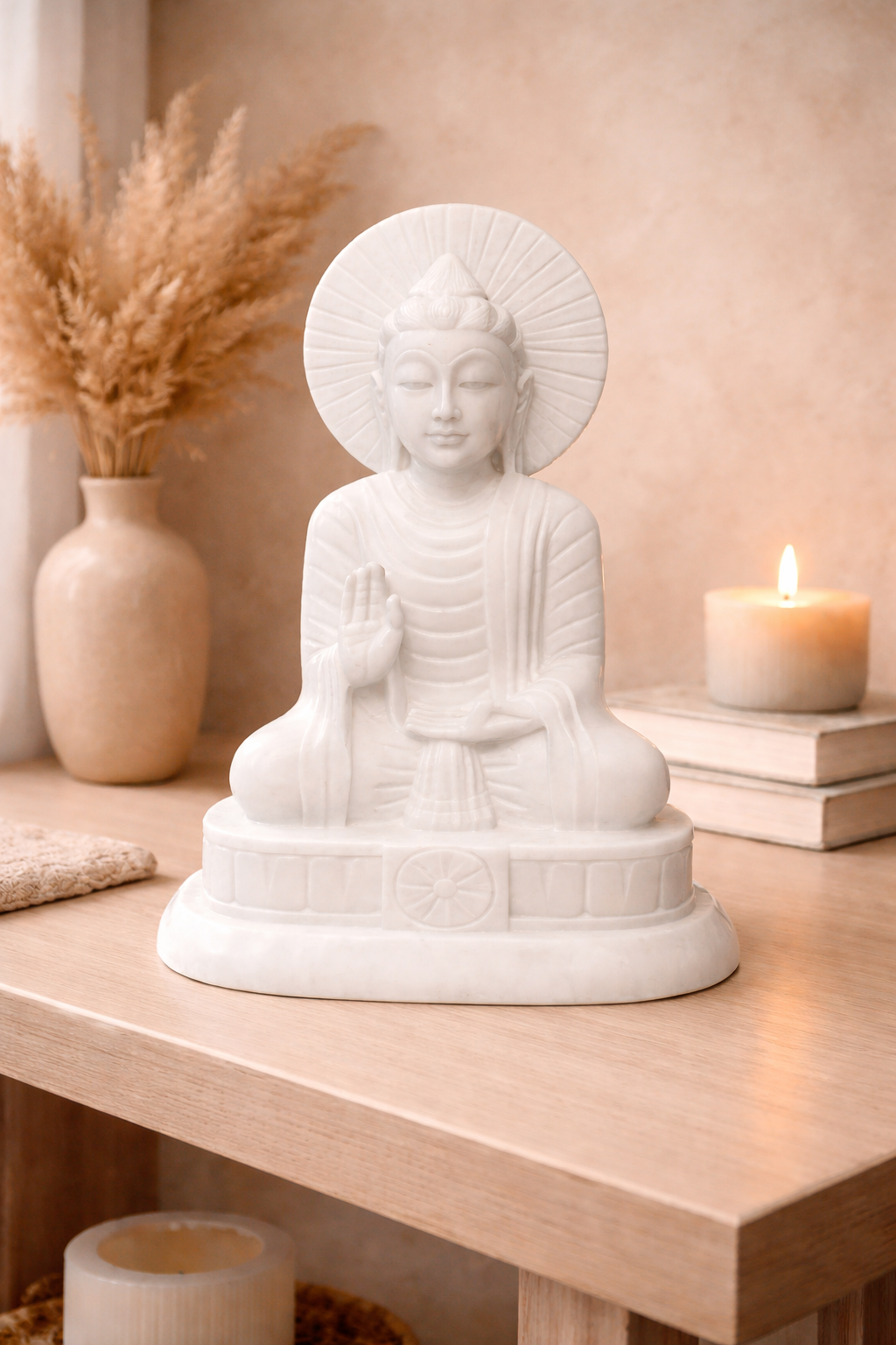 Solid marble Buddha statue showcased as a statement décor piece in an elegant living room setting.