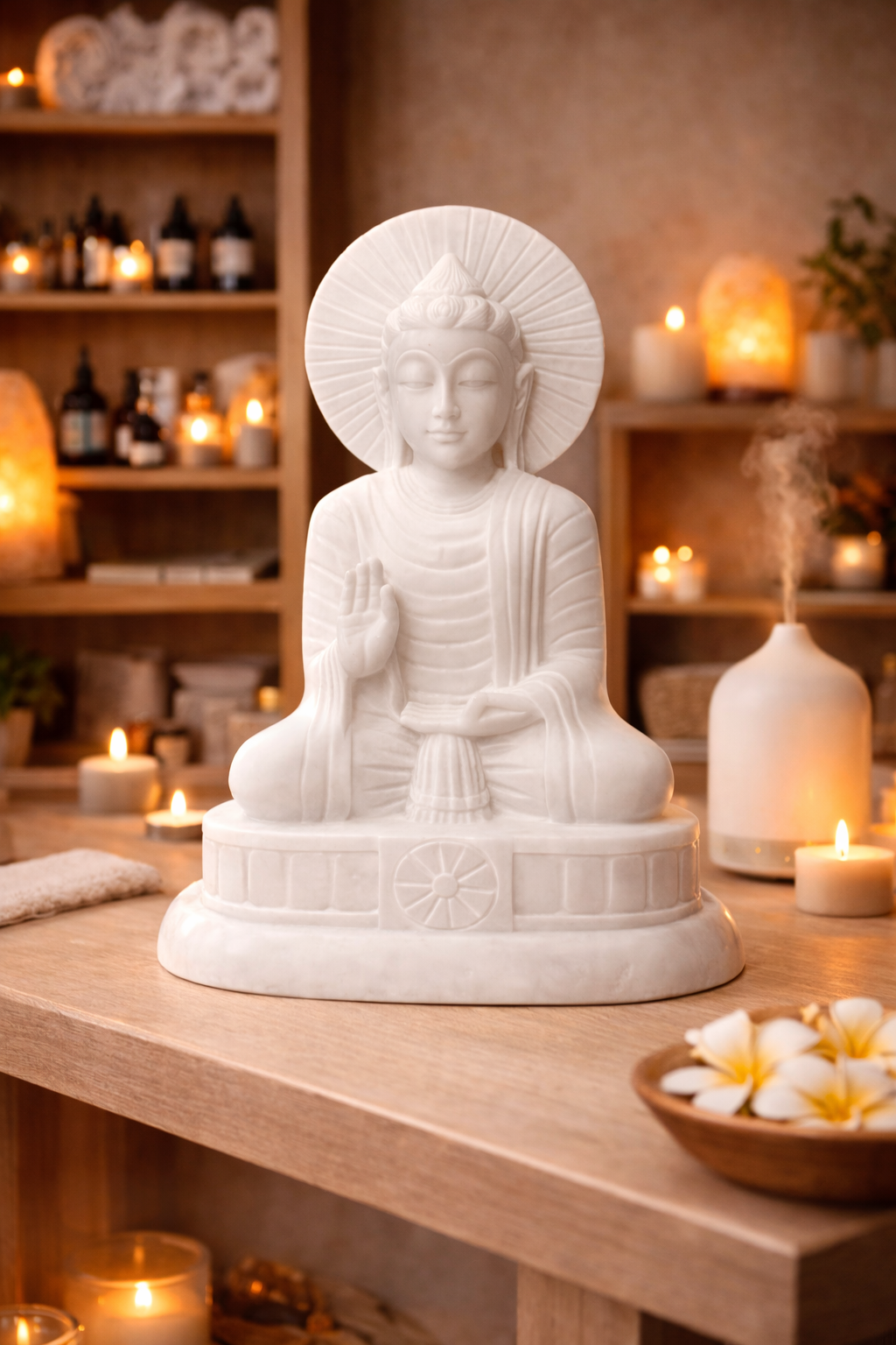 Marble Buddha statue styled in a warm meditation room with candles and soft ambient lighting.
