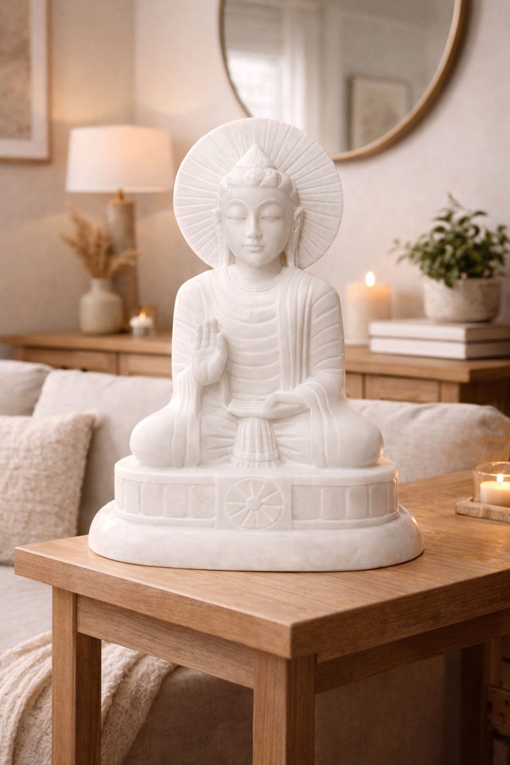 Premium white marble Buddha statue anchoring a living room table as an elegant focal point.