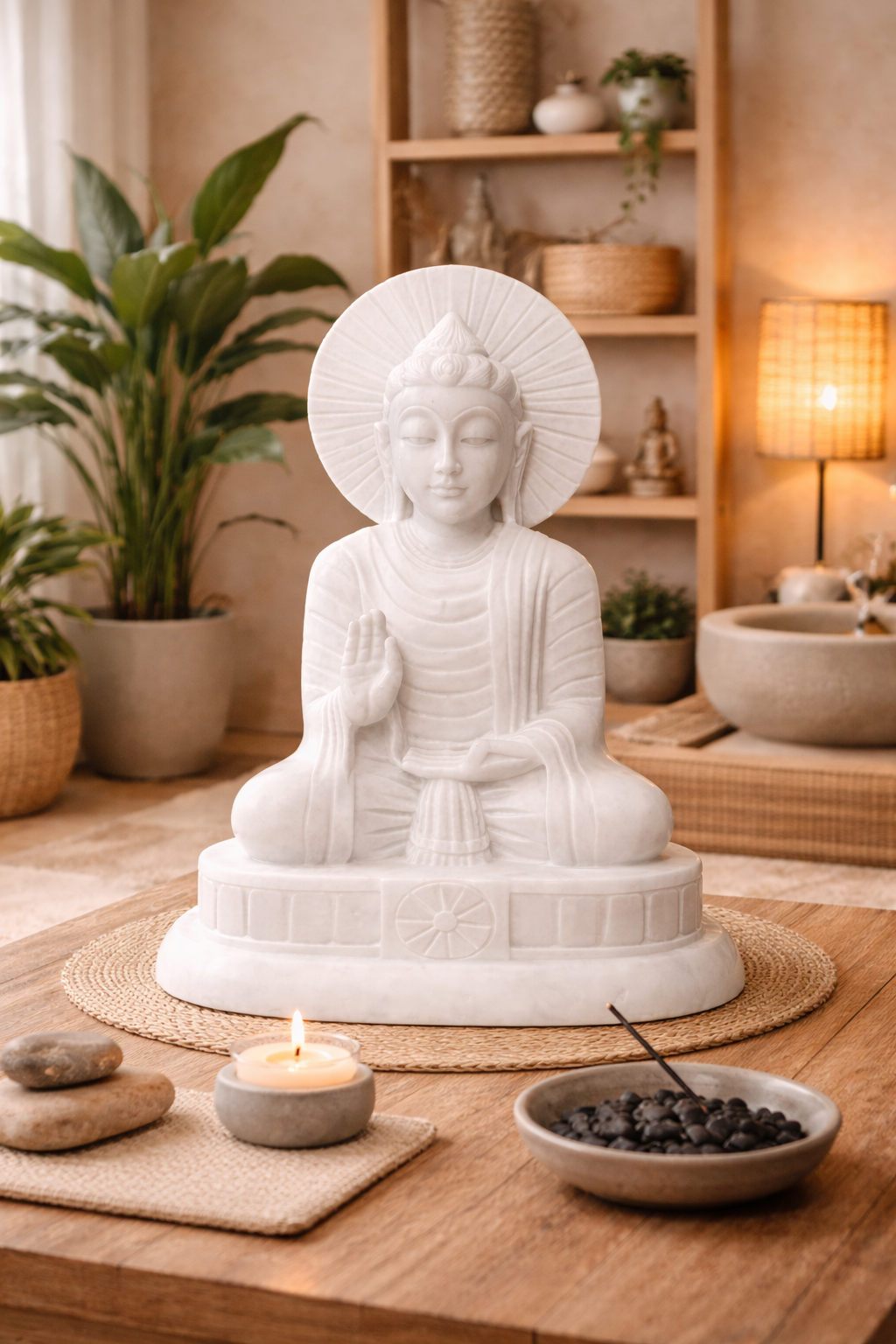 Solid marble Buddha statue showcased as a statement décor piece in an elegant living room setting.