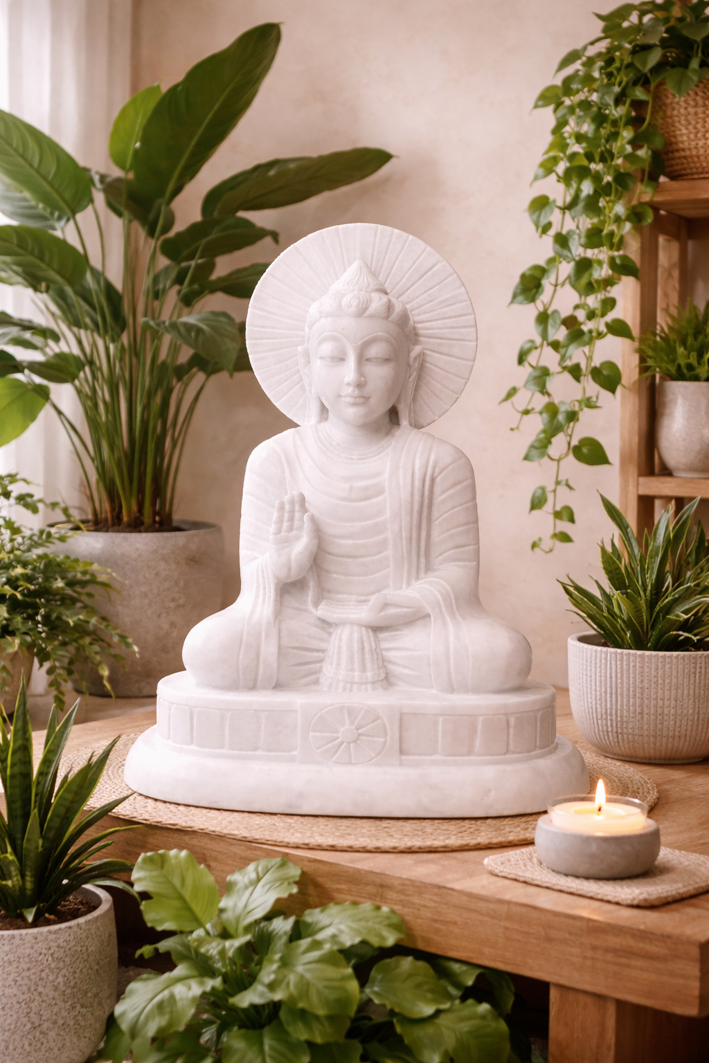 Marble Buddha statue paired with indoor greenery for Zen-inspired home décor.