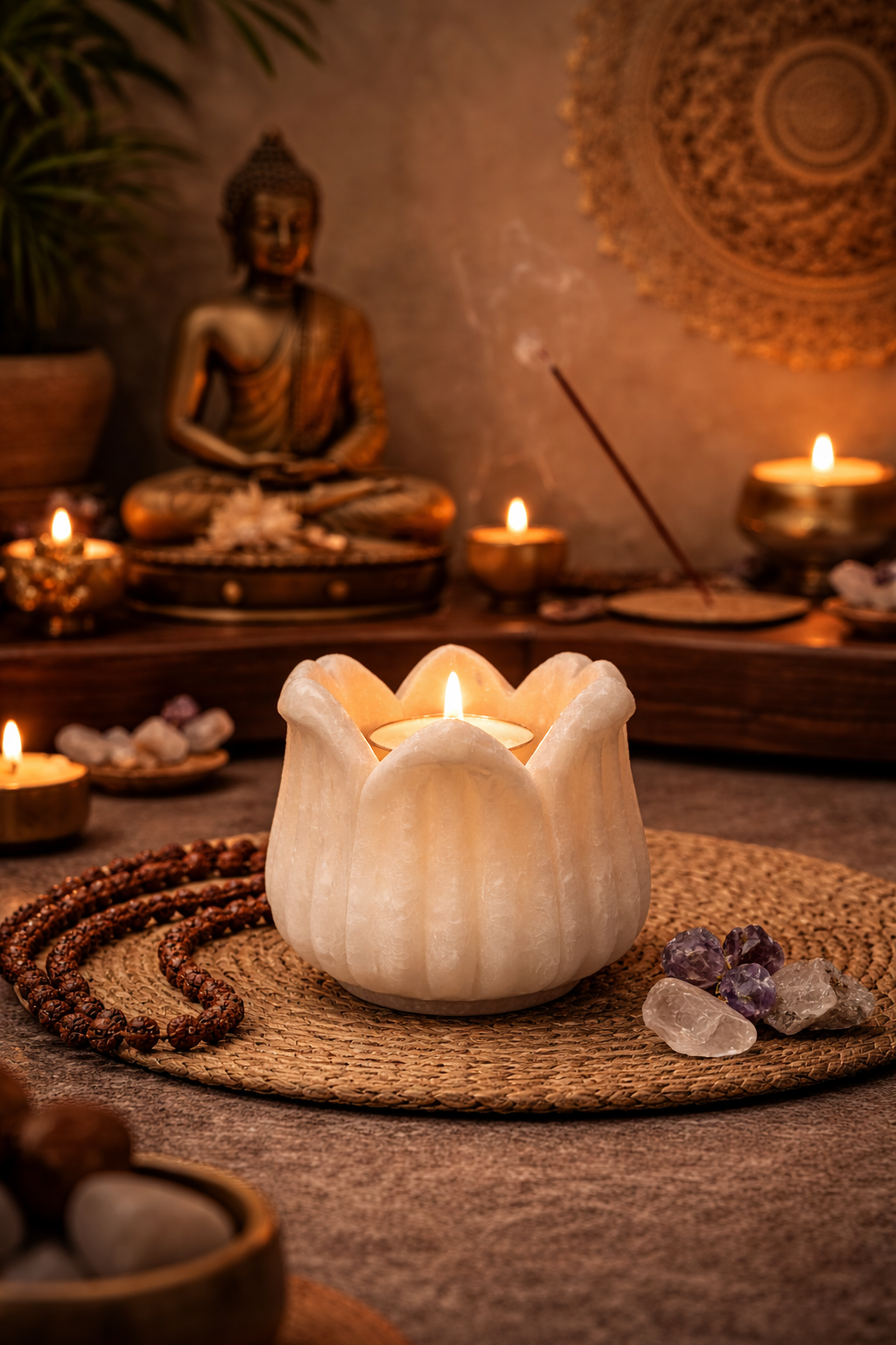 Hand-carved white marble lotus candle holder with lit tealight in meditation room, calming spiritual décor NZ