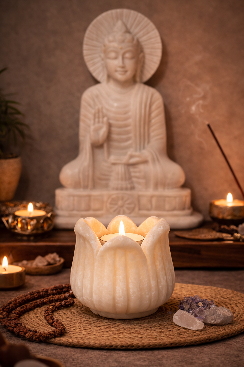 White stone Buddha statue with a lotus candleholder , calming spiritual décor NZ