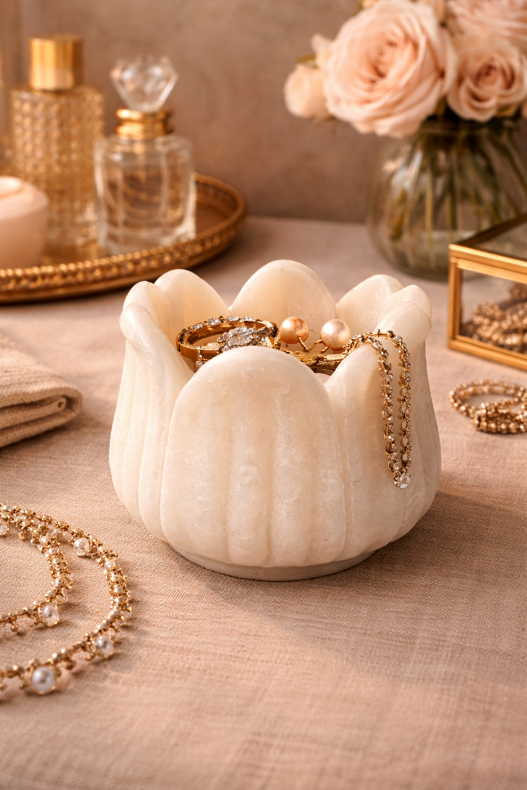 White marble lotus bowl used as jewellery holder on vanity table, elegant natural stone décor NZ