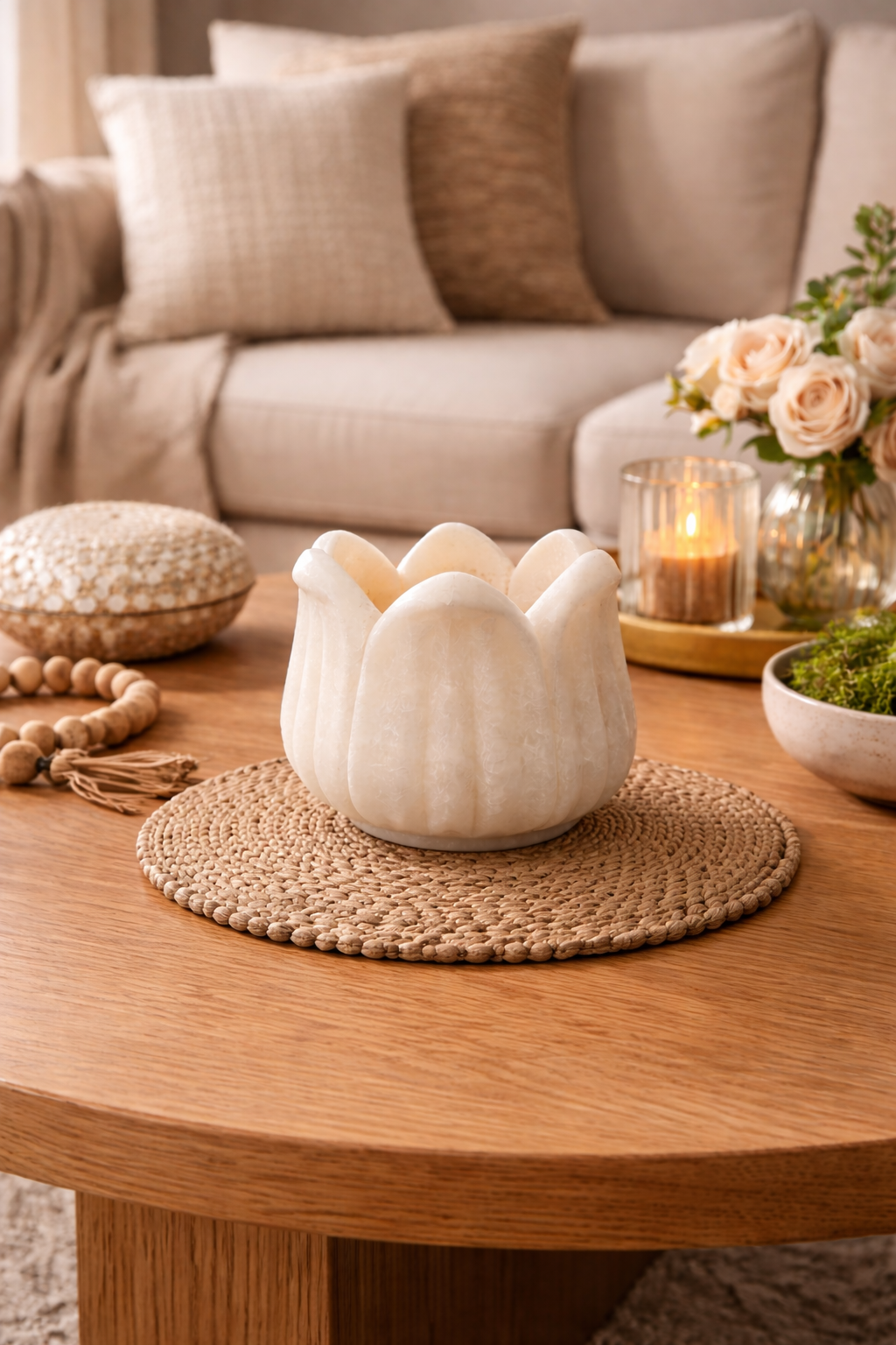 Hand-carved marble lotus candle holder styled as living room table centrepiece with warm candlelight, premium home décor NZ