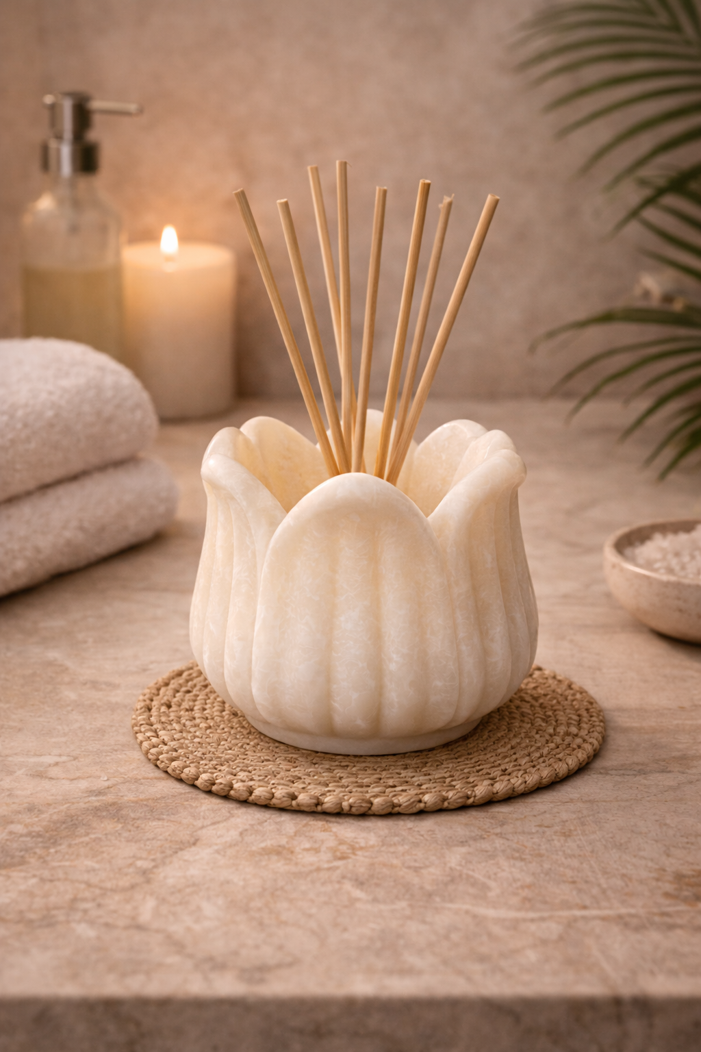 Polished white marble lotus holder styled with incense sticks luxury spiritual décor NZ