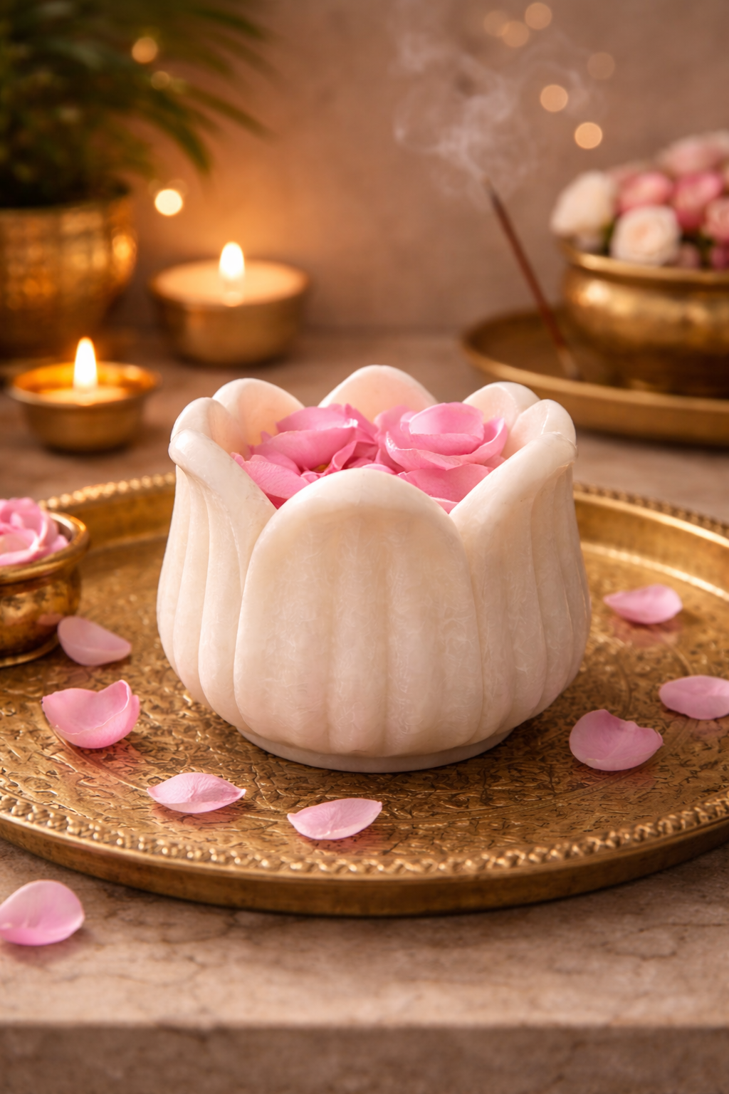 Polished white marble lotus decorative accent with candles, luxury stone home décor NZ