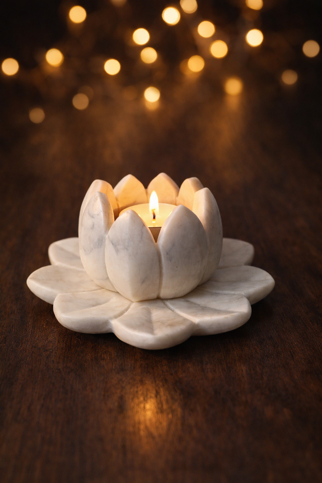 Polished white marble lotus décor piece for meditation and spiritual spaces, premium stone décor NZ
