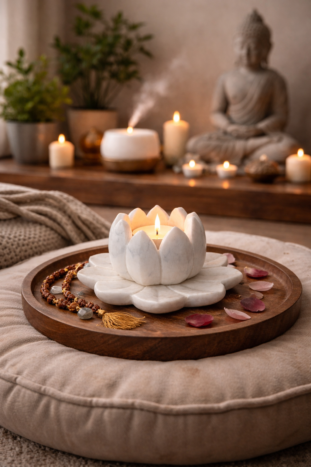 Hand-carved white marble lotus tealight holder with candle in meditation room, calming spiritual décor NZ