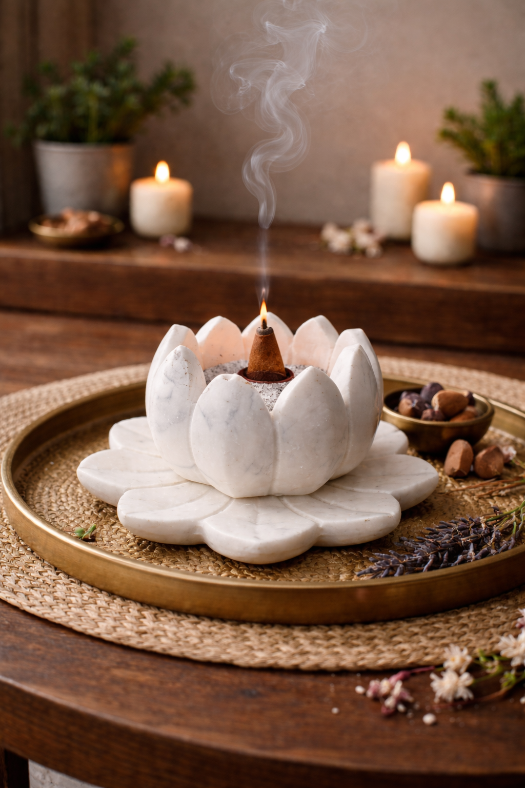 Polished white marble lotus holder used for incense cone on wooden table, natural stone spiritual décor NZ
