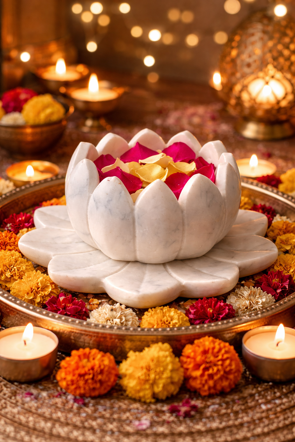 White marble lotus candle holder glowing during festive celebration, elegant Diwali décor NZ