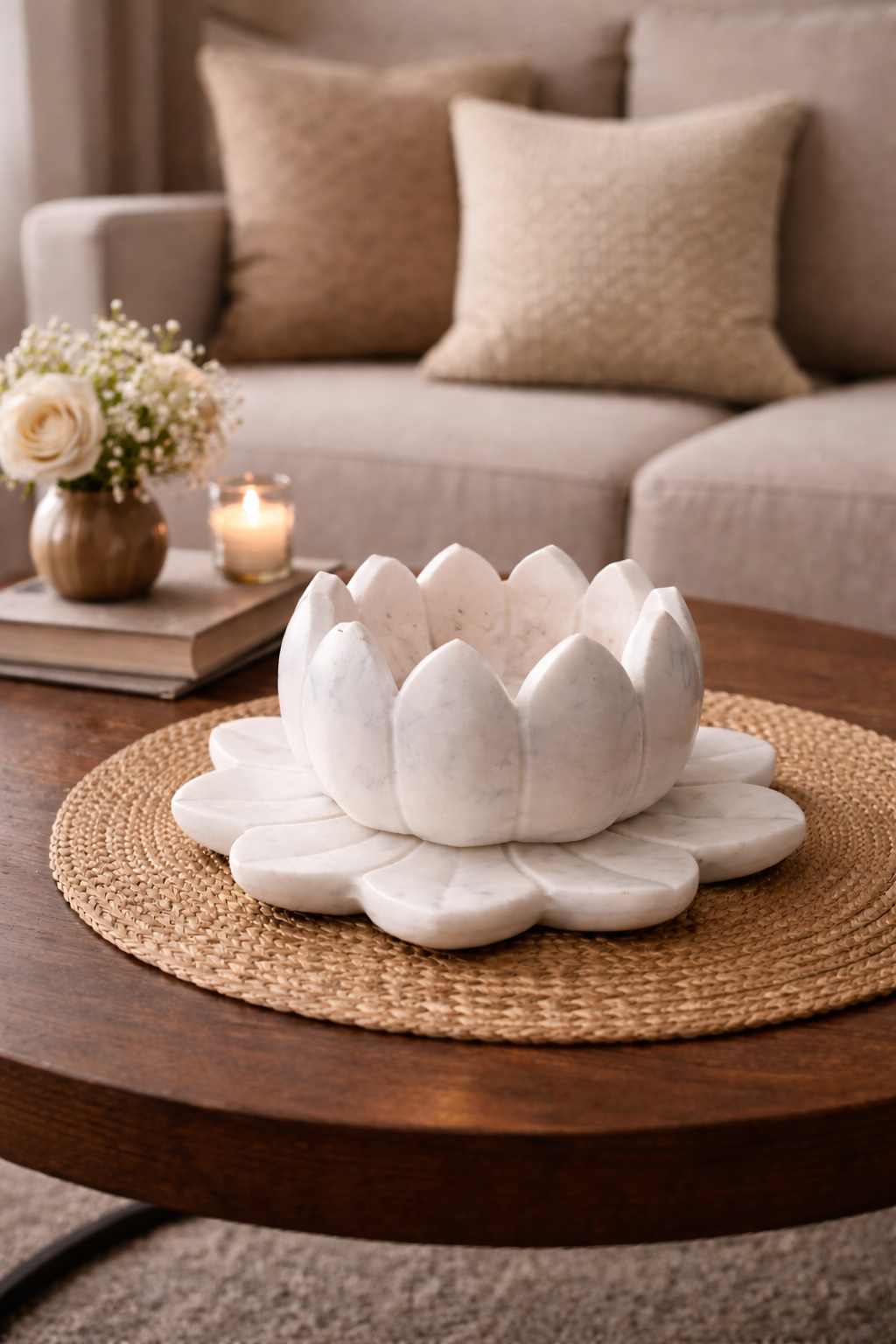 Hand-carved marble lotus bowl used as decorative centrepiece luxury home décor NZ