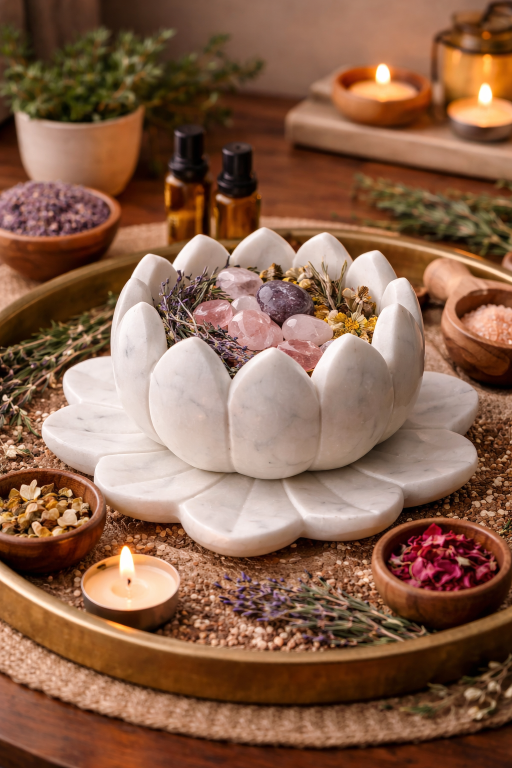 White marble lotus decorative bowl with crystals and dried herbs, calming meditation room décor NZ