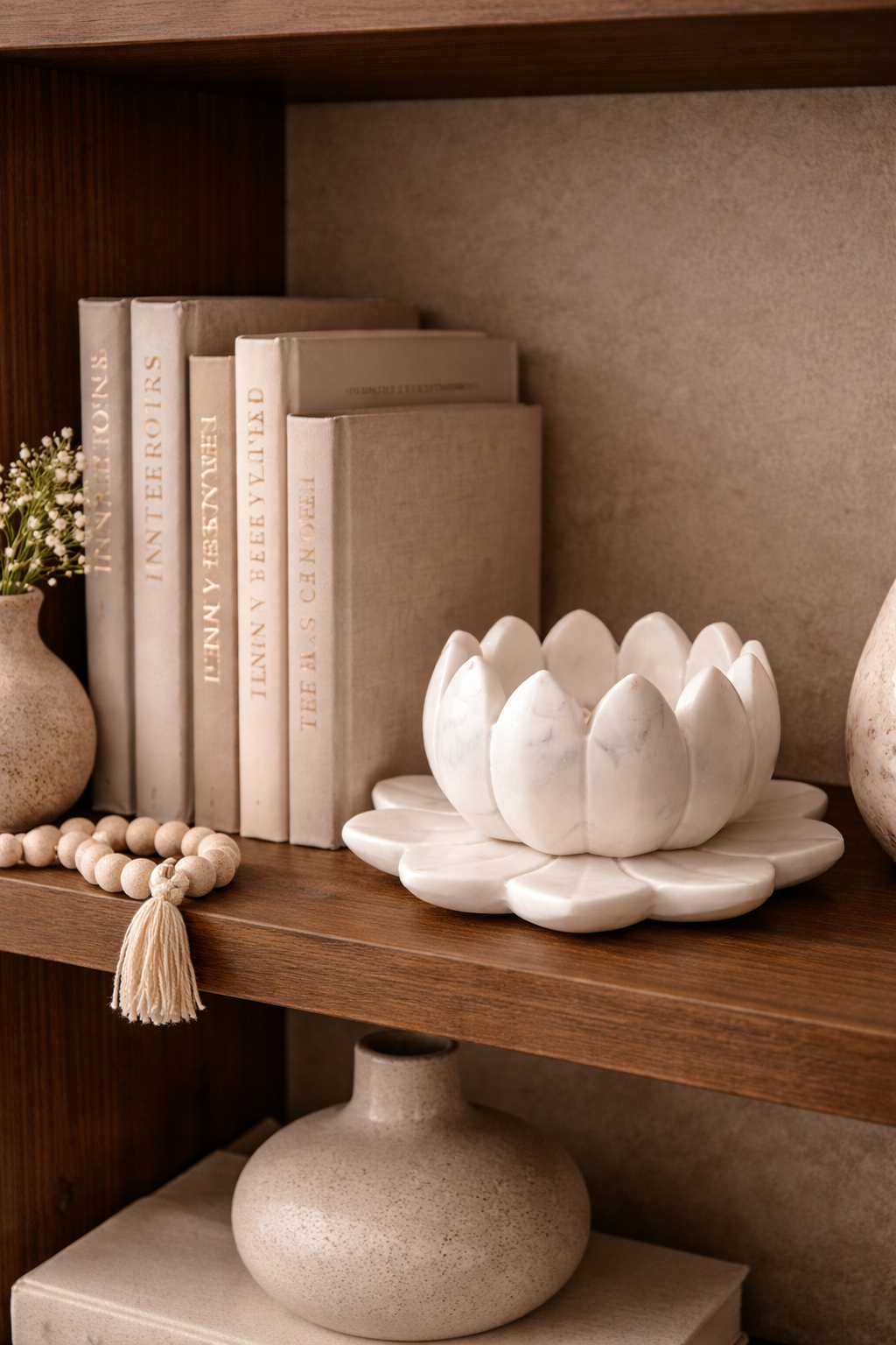 Hand-carved marble lotus decorative accent styled on living room shelf, luxury stone home décor NZ