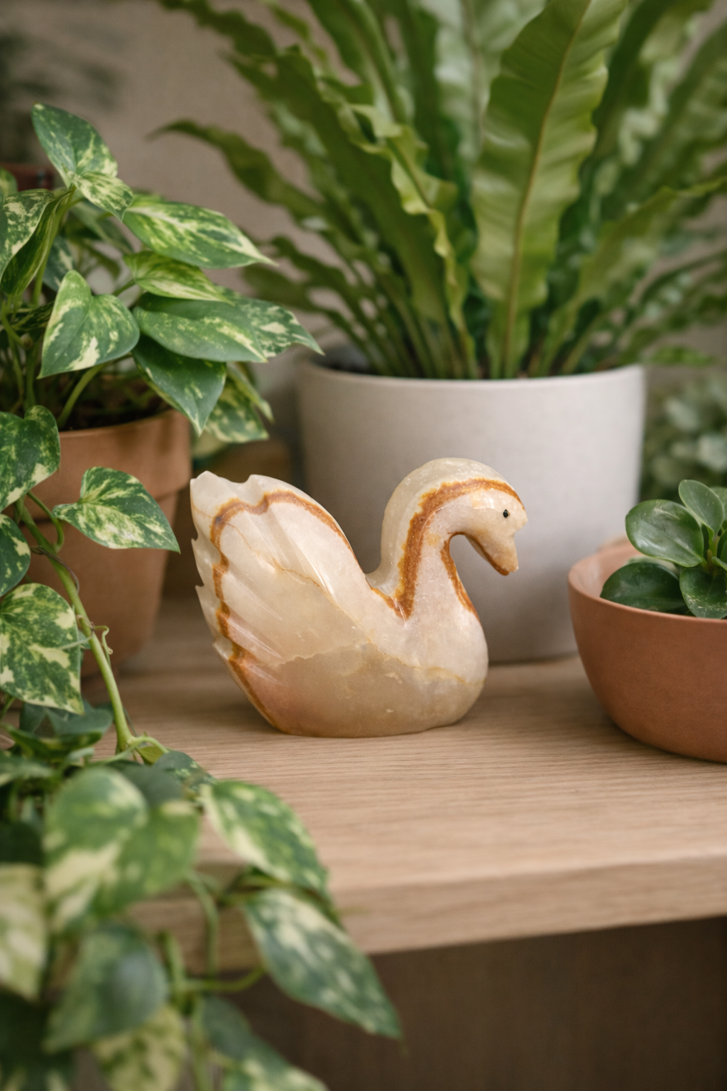 Natural onyx swan sculpture styled beside indoor plants on wooden console