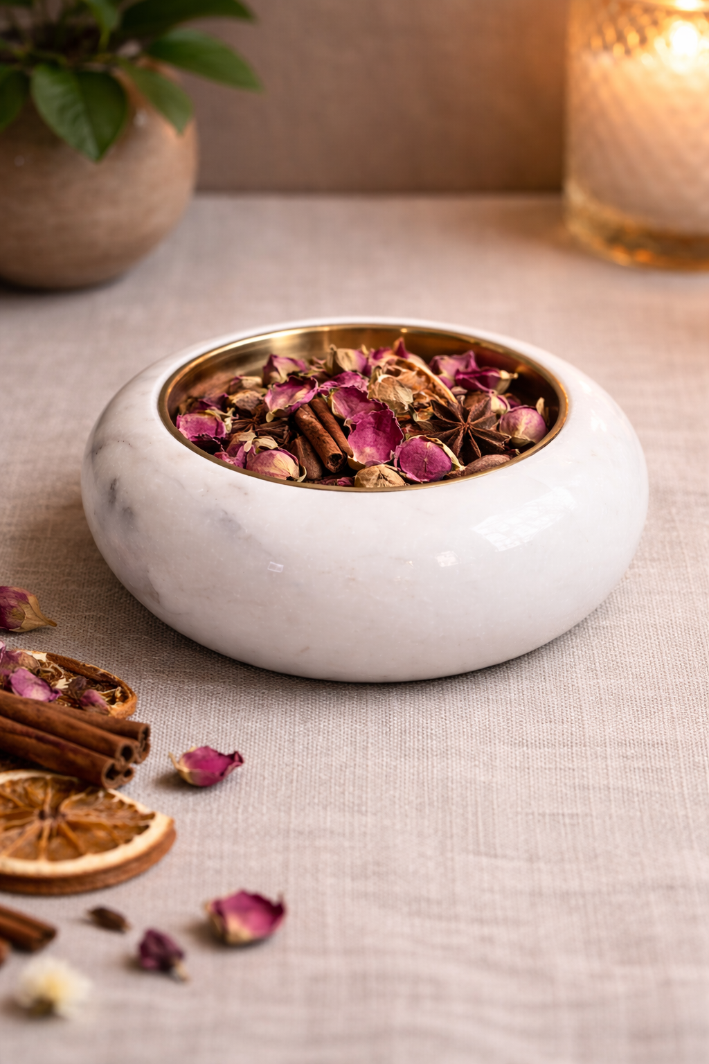 Round white marble holder with brass insert styled with dried flowers, luxury décor NZ