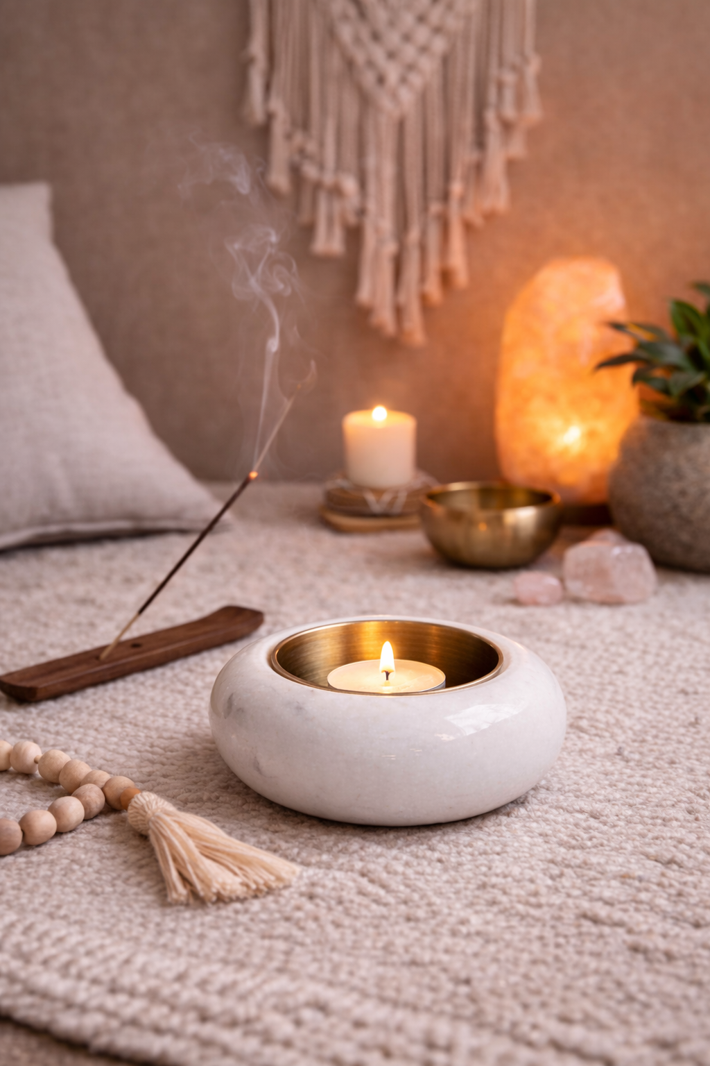 Hand-polished round marble tealight holder with brass insert table, serene meditation décor NZ