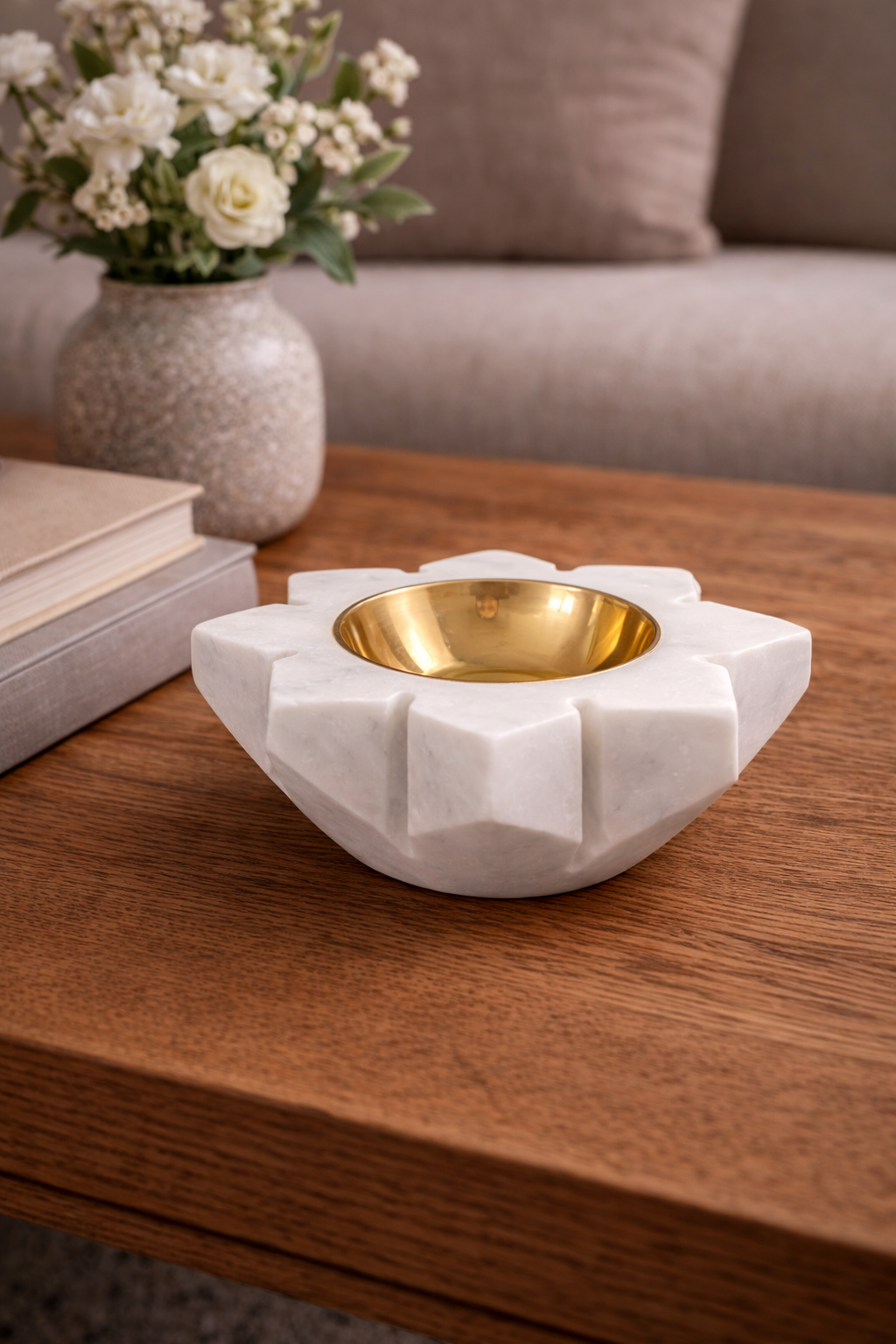 Marble lotus tealight holder with brass insert on wooden console table, elegant living room décor NZ