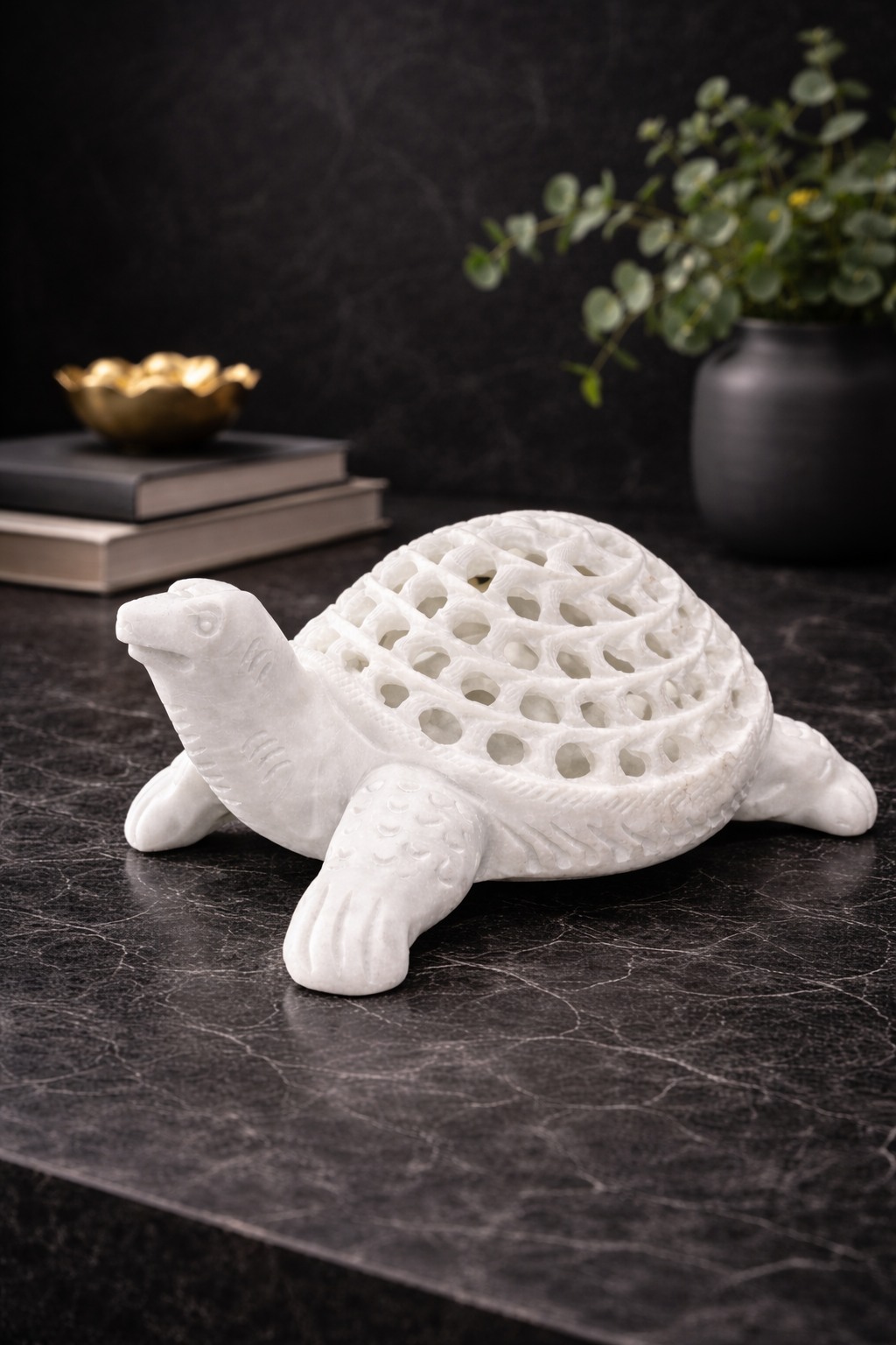 Premium marble turtle décor piece displayed on dark marble surface