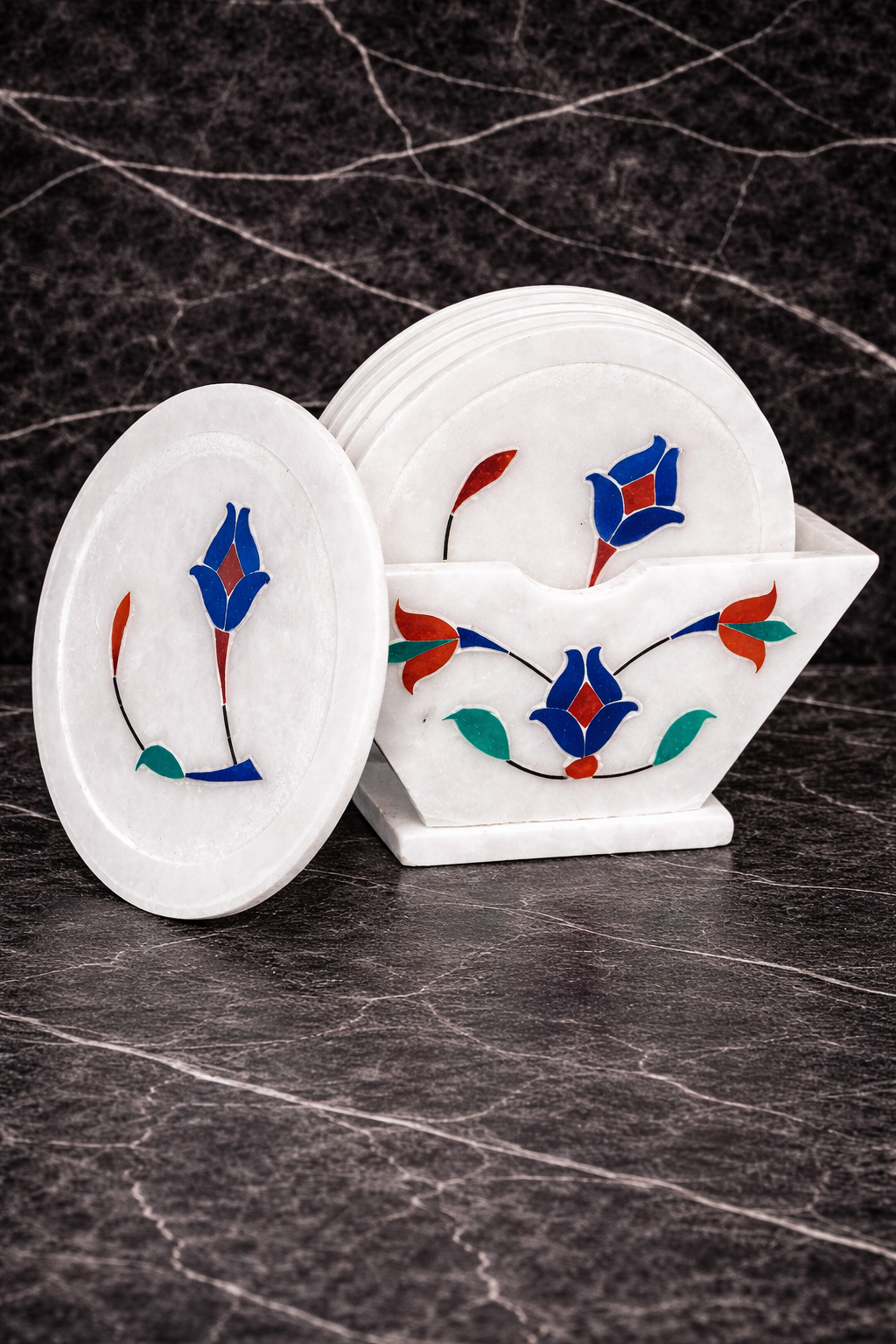Luxury white marble coaster set with multicolour floral pietra dura inlay and marble holder