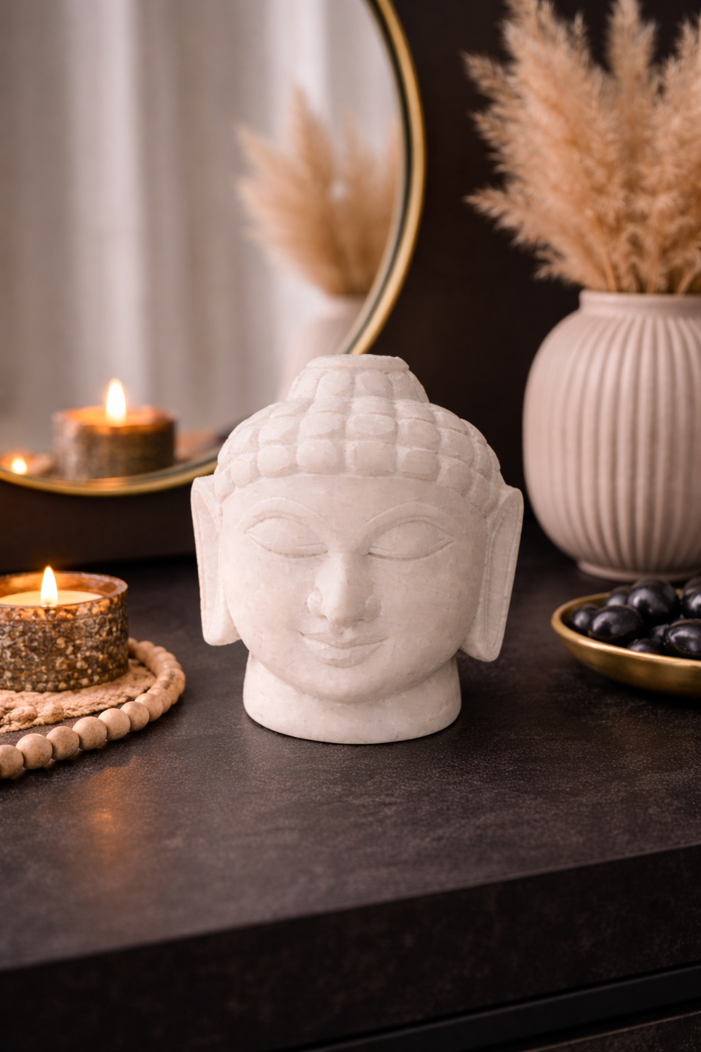 White marble Buddha head sculpture on a dark table with candles and vase, zen meditation decor