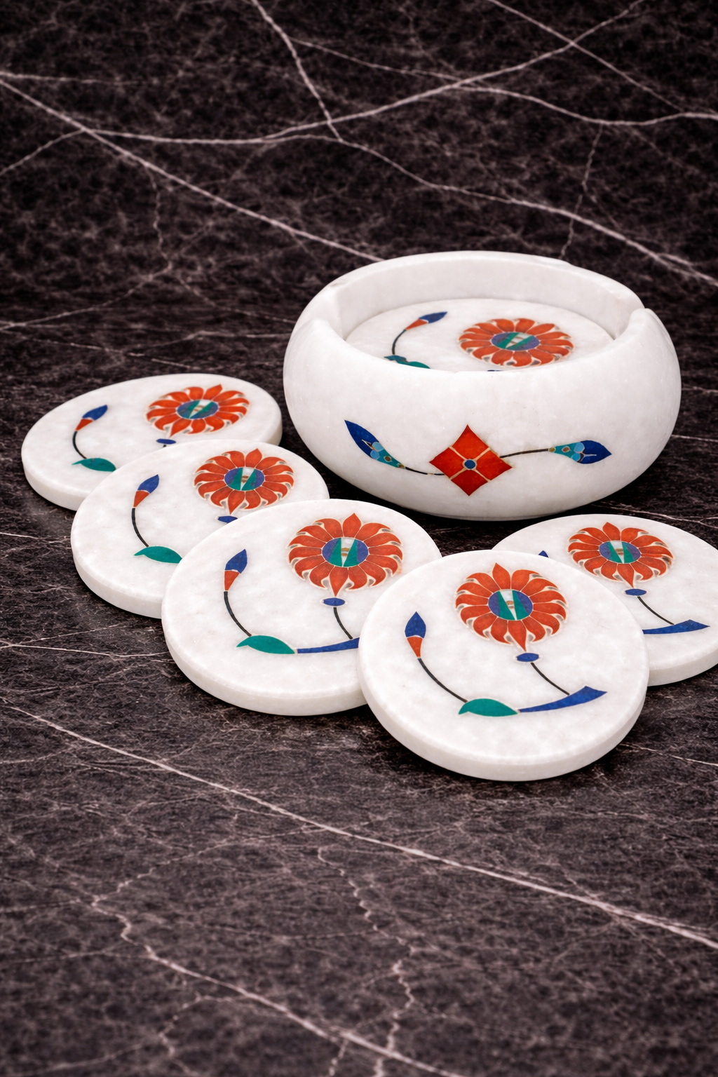 Luxury white marble drink coaster with traditional floral stone inlay – decorative marble table accessory
