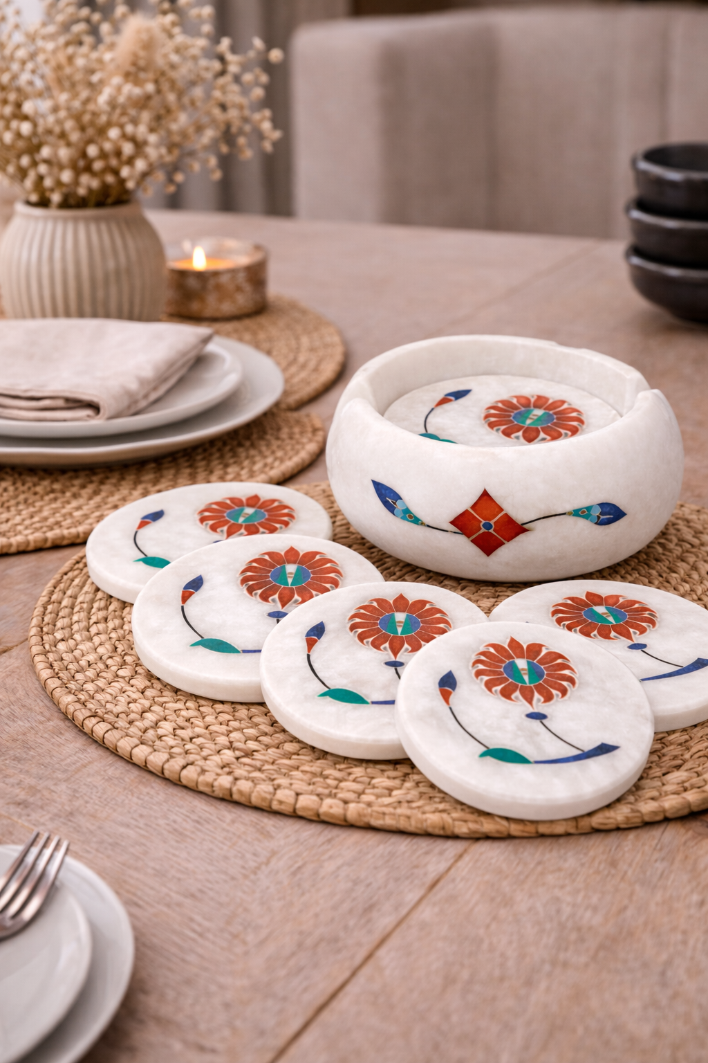 Luxury white marble coaster set with floral pietra dura inlay and marble holder on dining table