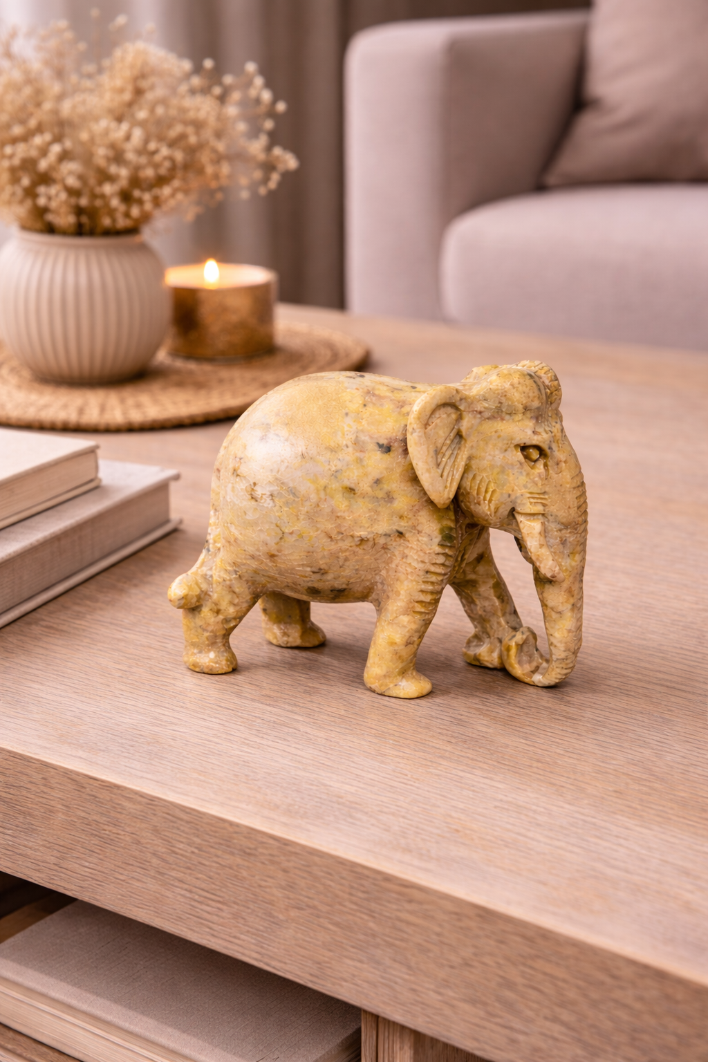 Hand-carved polished stone elephant figurine decor for living room table styling