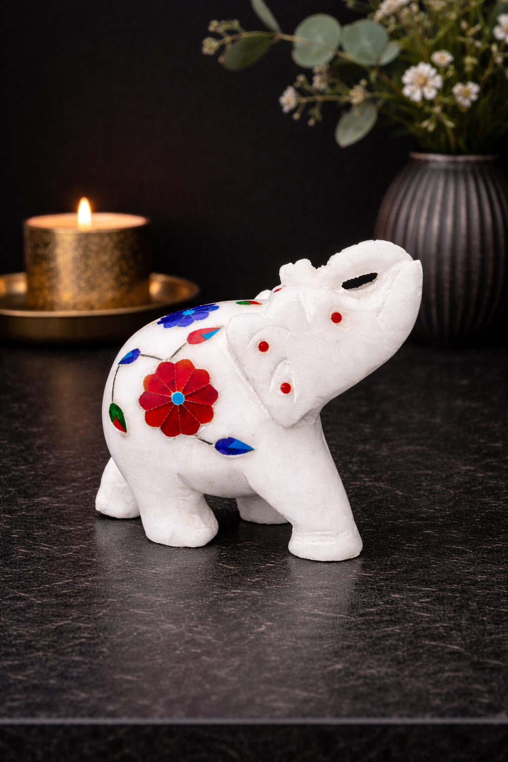 hand carved white marble elephant figurine with floral inlay stonework decorative home decor