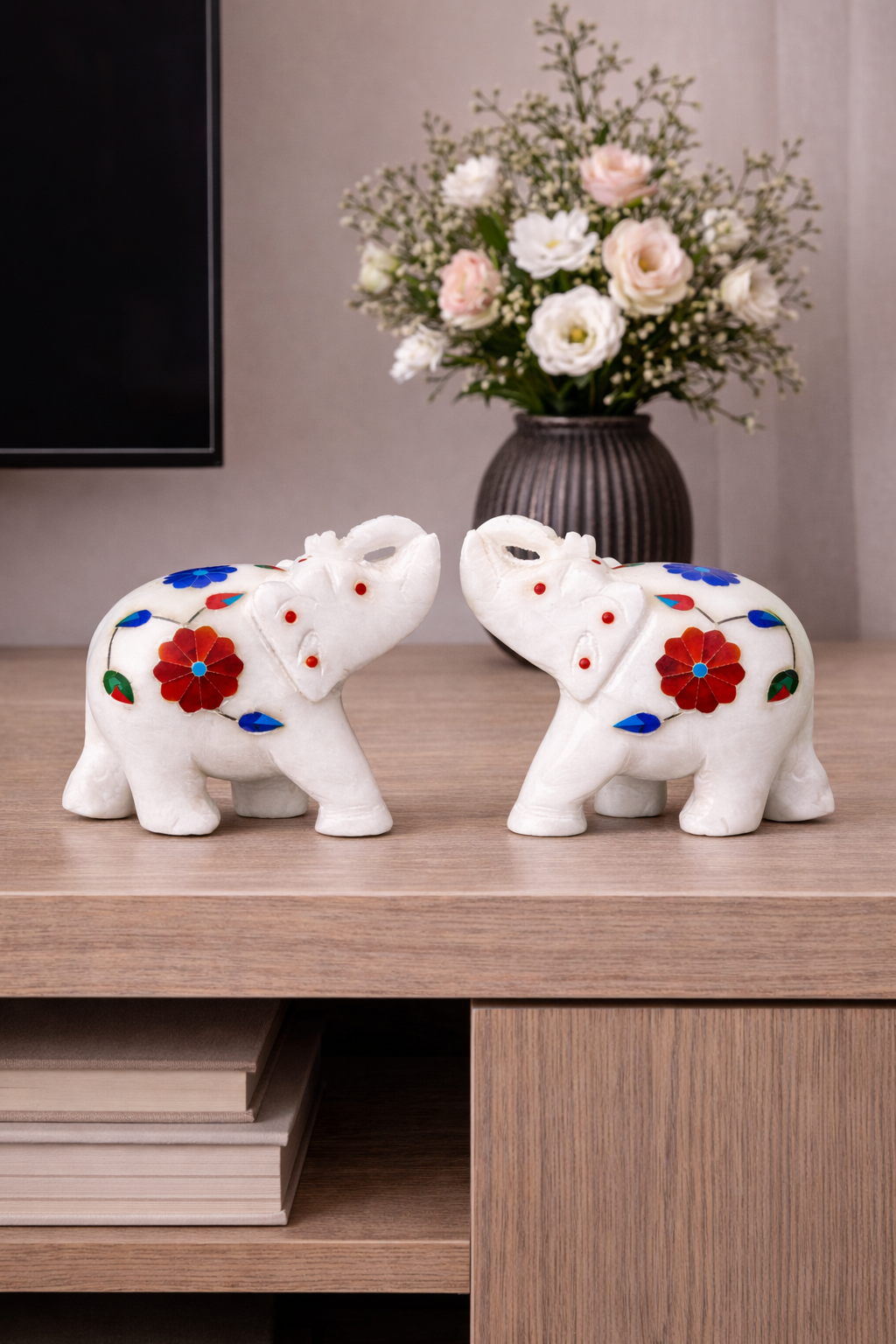 pair of white marble elephant figurines with floral inlay stonework decorative home decor
