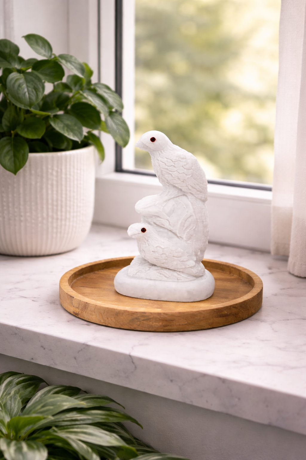 0. 152 kg White marble bird figurine pair with carved detailing displayed on round wooden tray