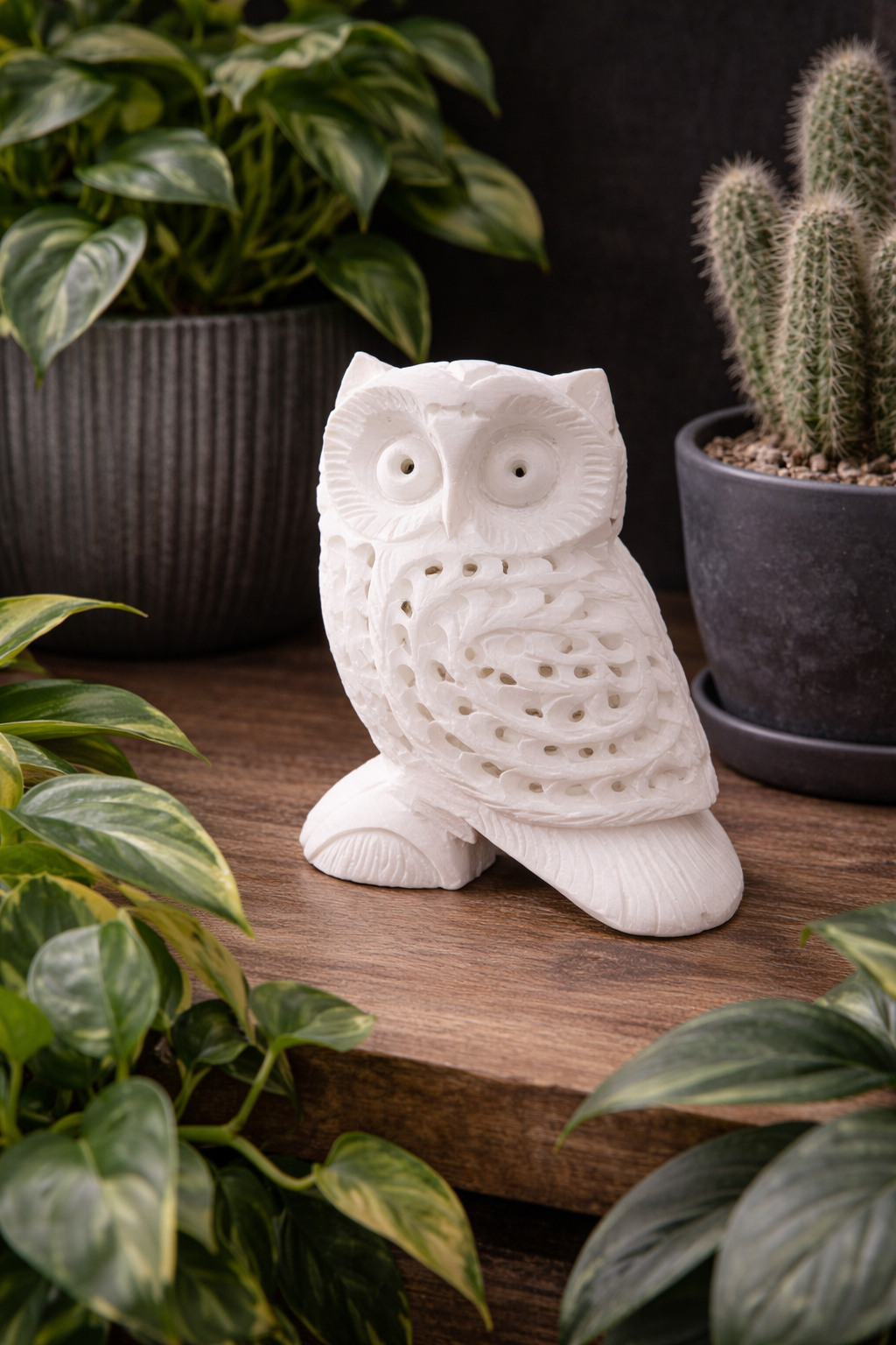White marble owl figurine with detailed carved feathers displayed on wooden table with indoor plants