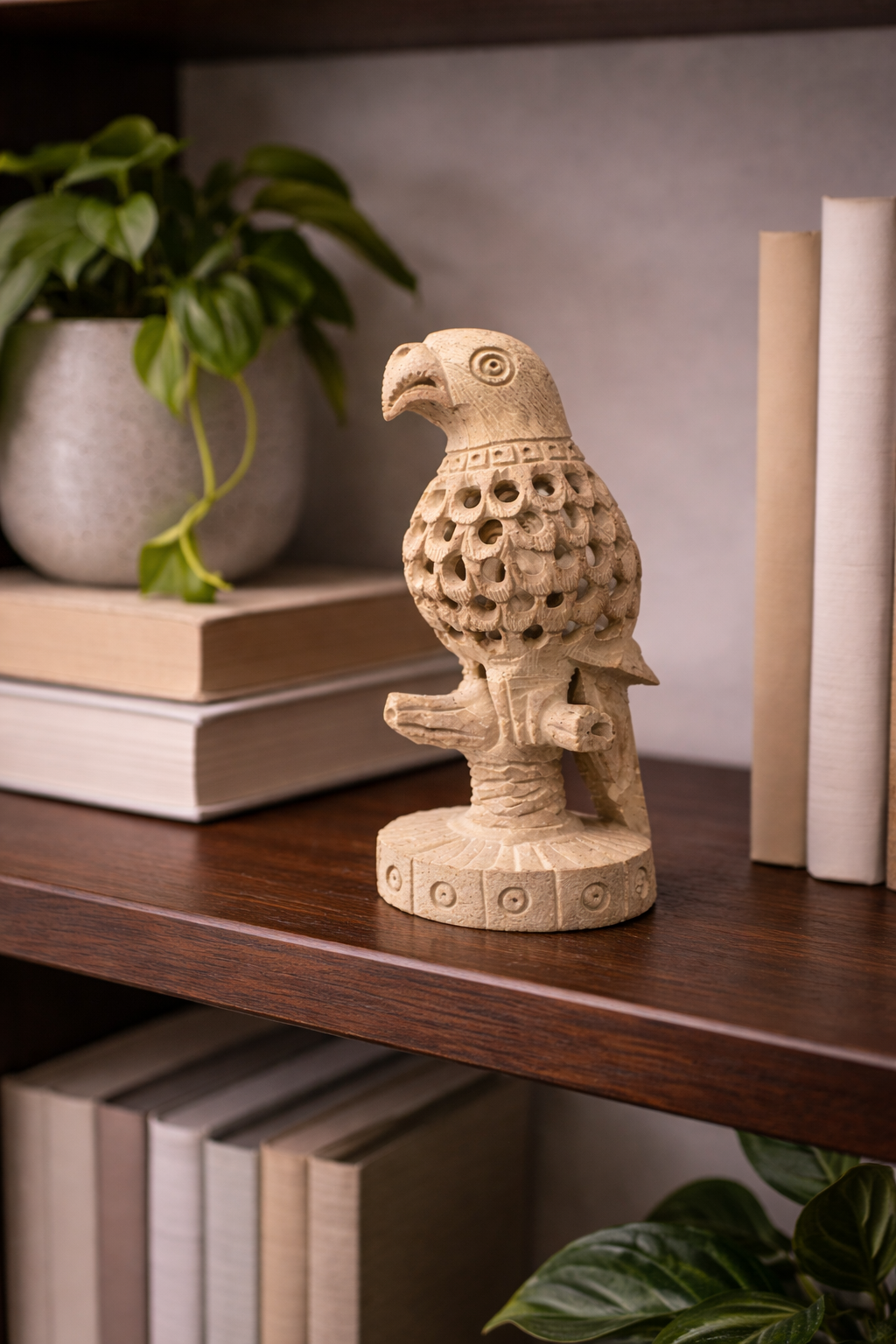Natural soapstone parrot figurine styled on bookshelf with neutral home décor setting