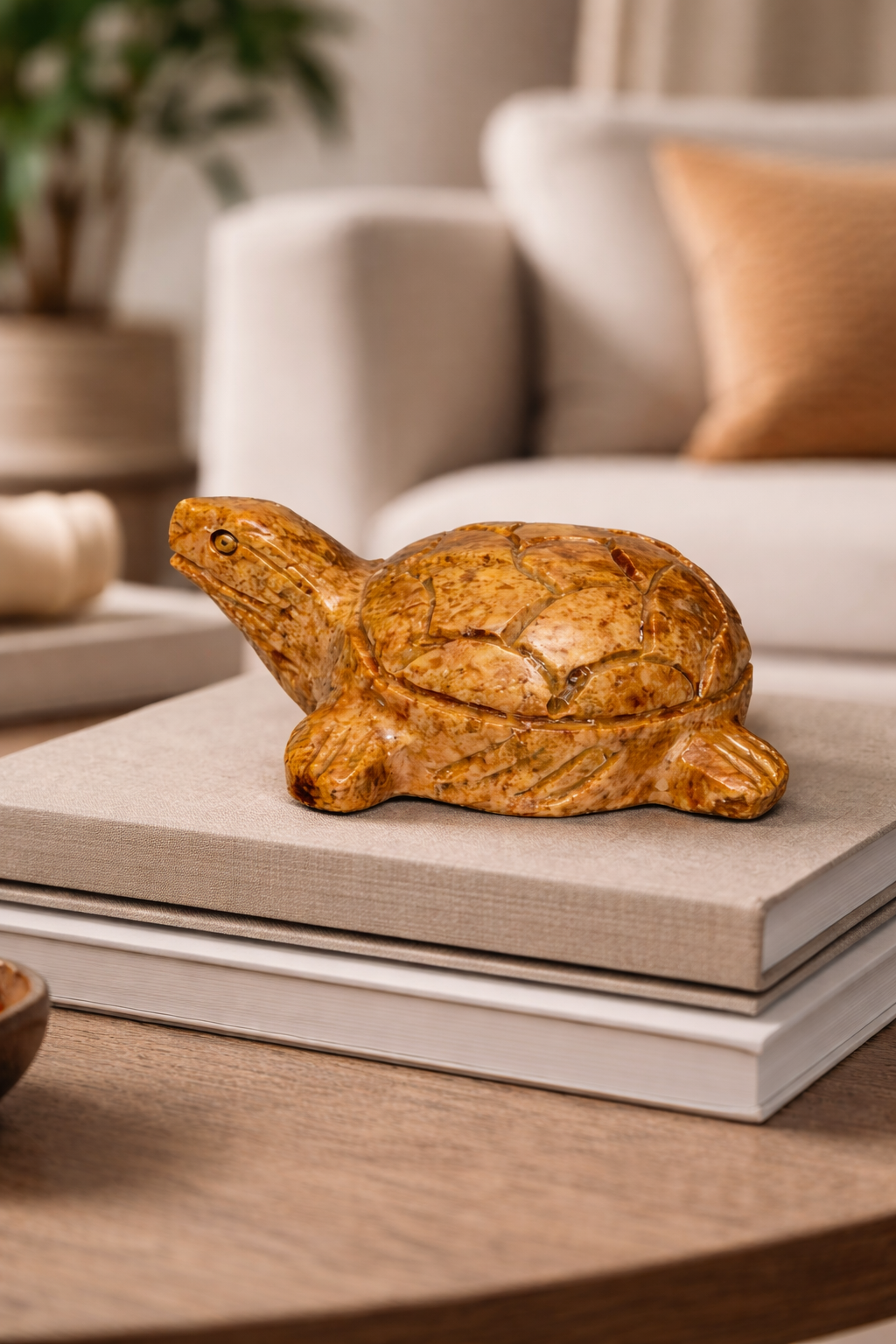 Hand-carved polished soapstone turtle sculpture displayed on stacked books in living room setting