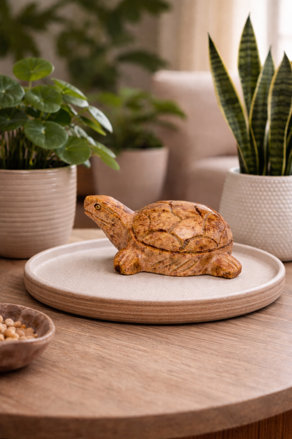 Hand-carved polished soapstone turtle sculpture displayed with indoor plants 