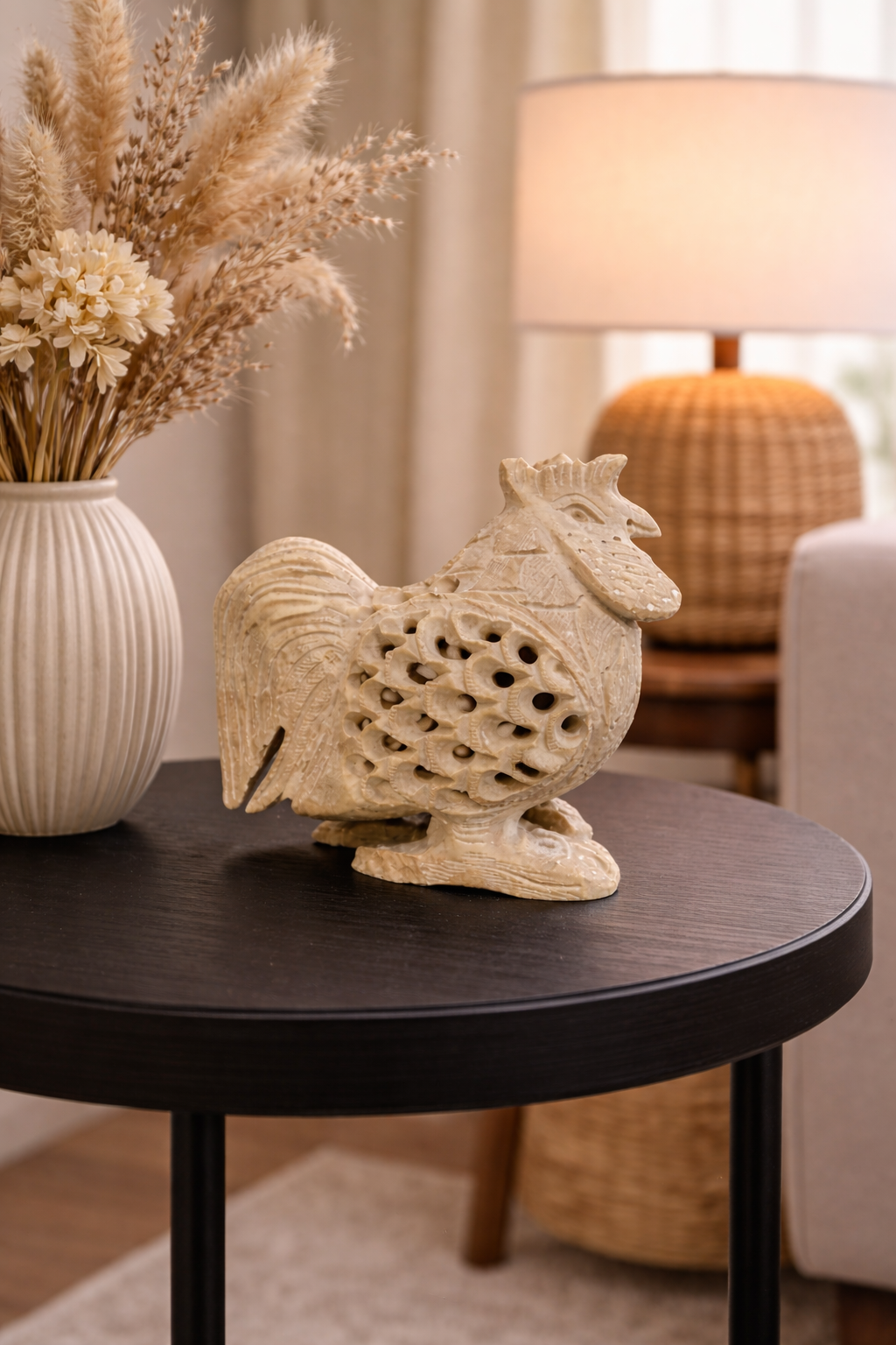 Natural soapstone rooster sculpture used as table decor in a bright home setting NZ