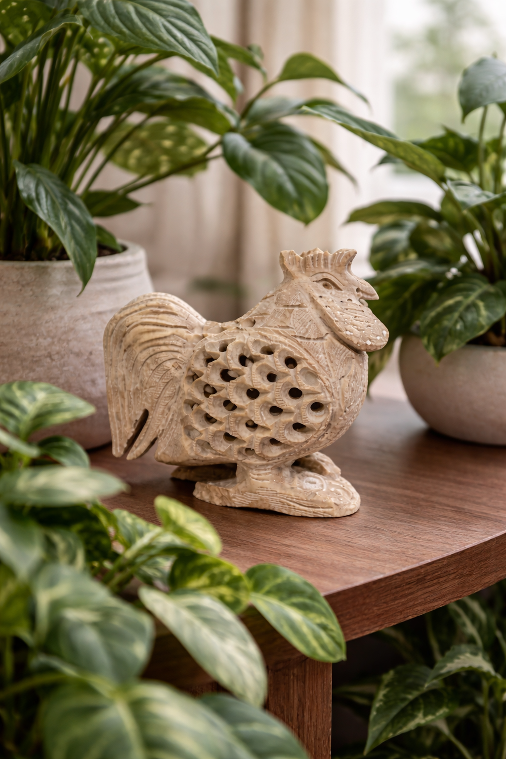 Hand-carved soapstone rooster sculpture styled on wooden table with indoor plants