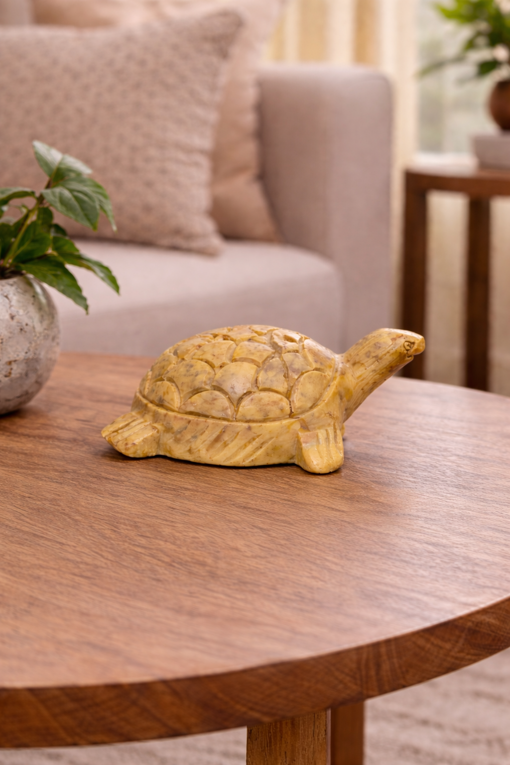 Hand-carved soapstone turtle figurine displayed in neutral home decor NZ