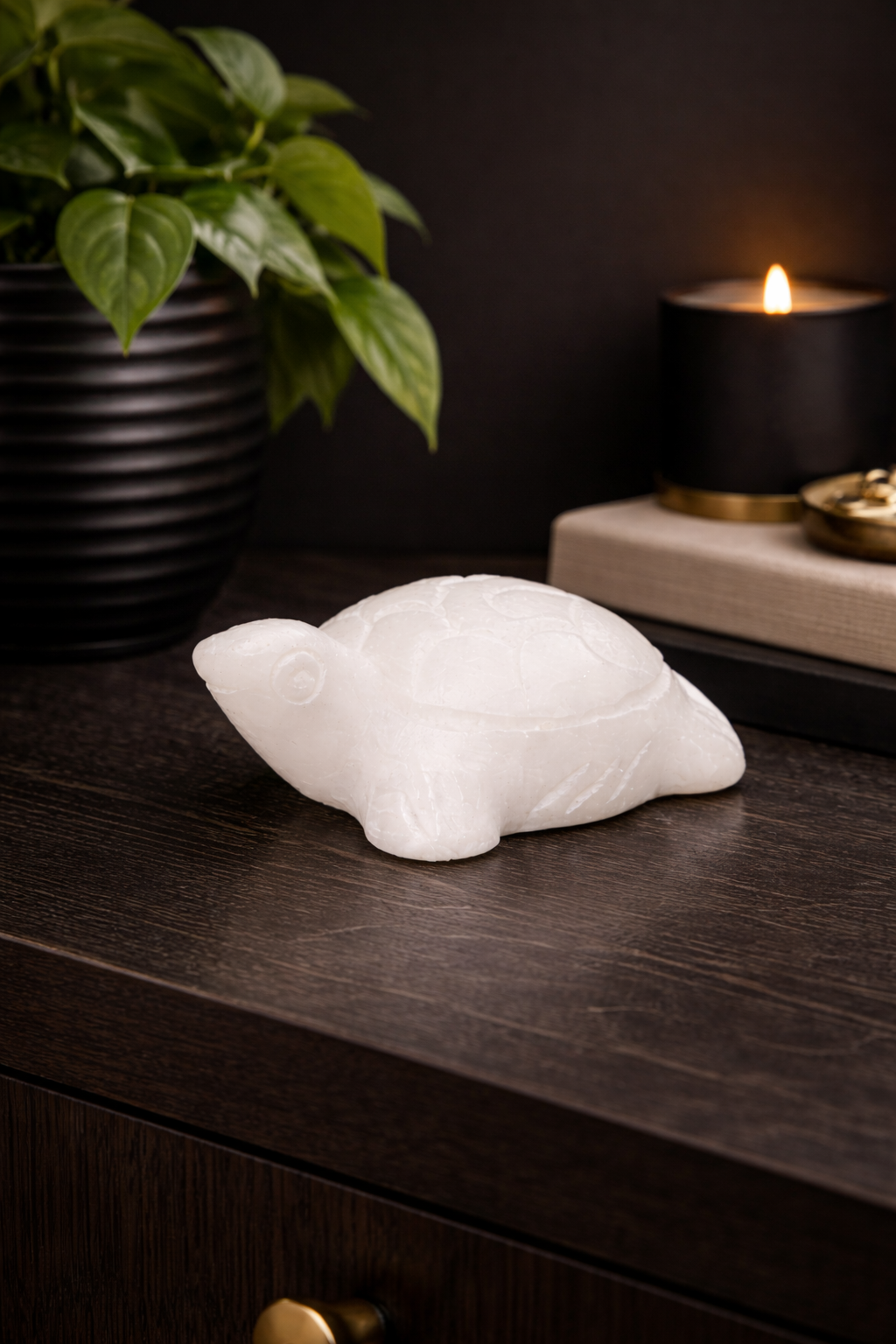 White marble mini turtle sculpture highlighting hand-carved shell texture on black wooden table