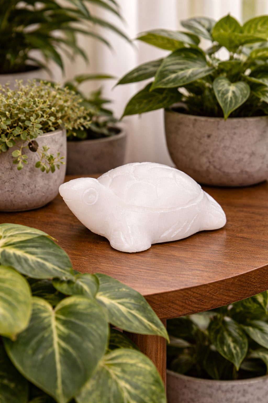 White marble mini turtle figurine styled on wooden shelf with indoor plants in modern home
