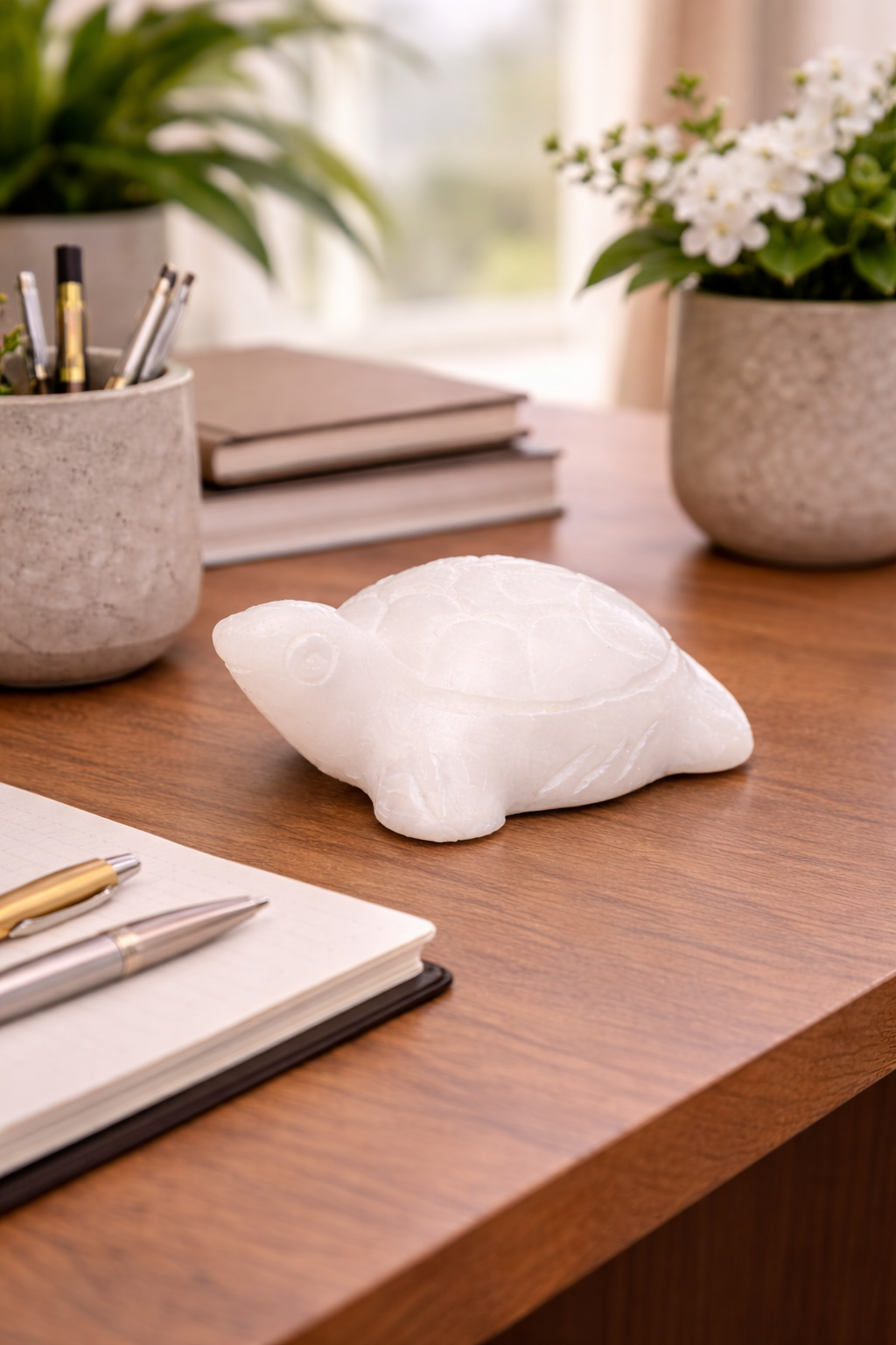 White marble mini turtle figurine styled on wooden desk with books and plant in home office